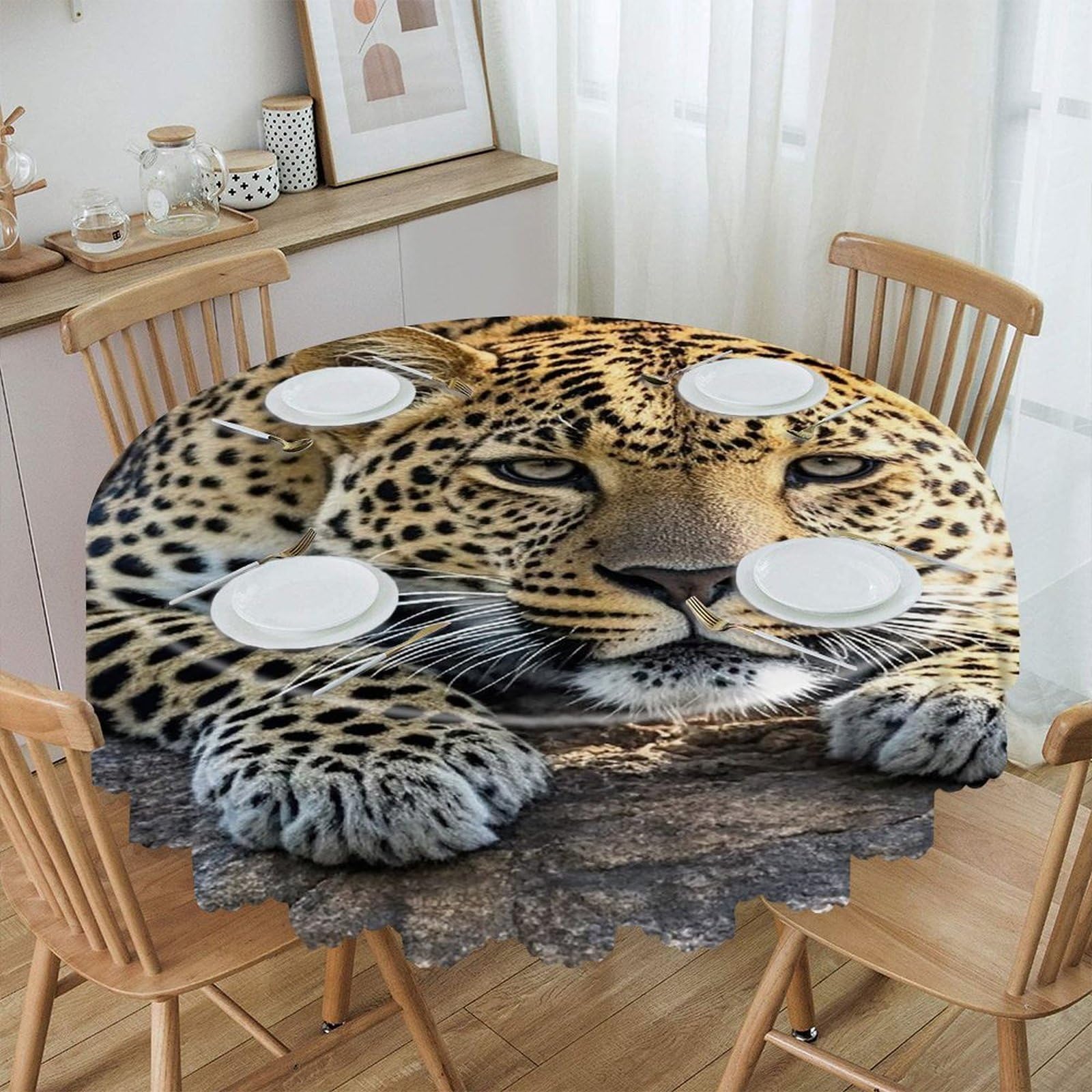 LZQPOEAS Leopard on The Stone Round Tablecloth Rustic Circle Table Cloth Wrinkle Resistant Decor Tablecloth Waterproof Washable Table Cover for Kitchen Party Dining Table 60 Inch