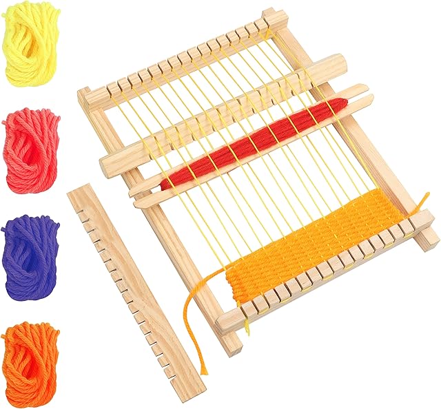 Curtzy Wooden Weaving Loom - 16.5 x 21.7cm / 6.5 x 8.54 Inches - Large Frame Multi-Craft Lap Hand-Knit Machine - Mixed Yarns, Adjusting Rod, Comb, Shuttle & Nylon Cord - Kit for Beginners
