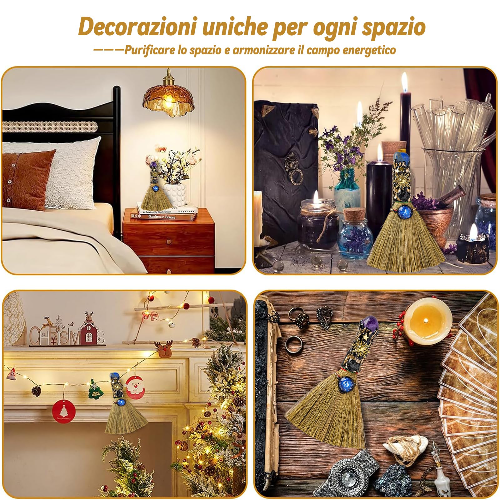 Scopa per Altare della Strega di Cristallo Artigianale con Pietre Naturali e Incisioni Zodiacali per Meditazione Guarigione Yoga Leone