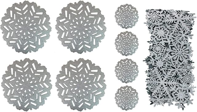 YöL 4 Placemats 4 Coasters Table Runner Set Christmas Snowflake Festive Silver Felt