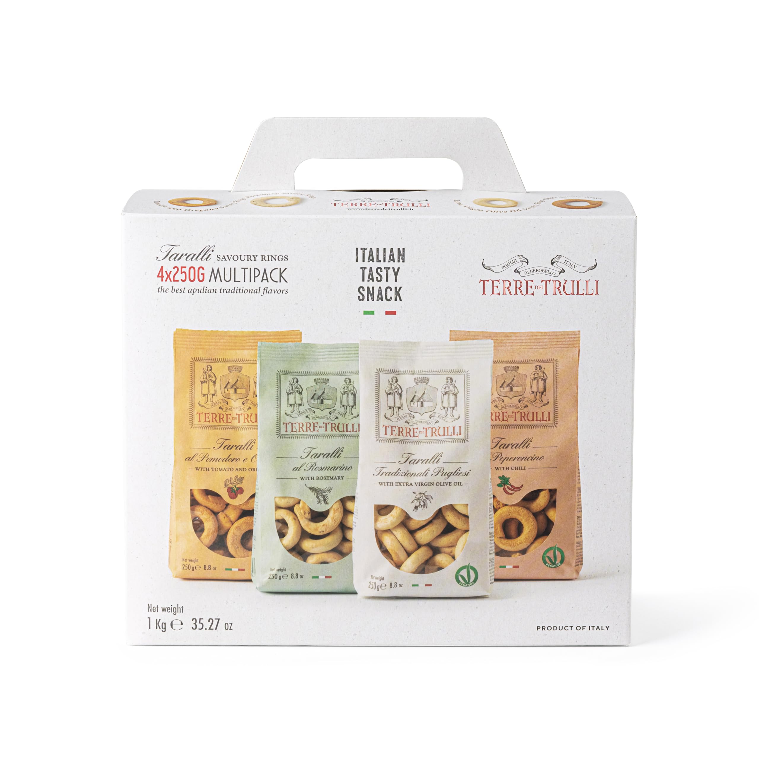 Terre Dei Trulli Taralli Multi Pack - 4 Confezioni Da 250g | Pugliesi Tradizionali Pugliesi, Rosmarino, Pomodoro e Origano, Peperoncino | Taralli Artigianali | Snack Salati Per Un Aperi Snack Genuino
