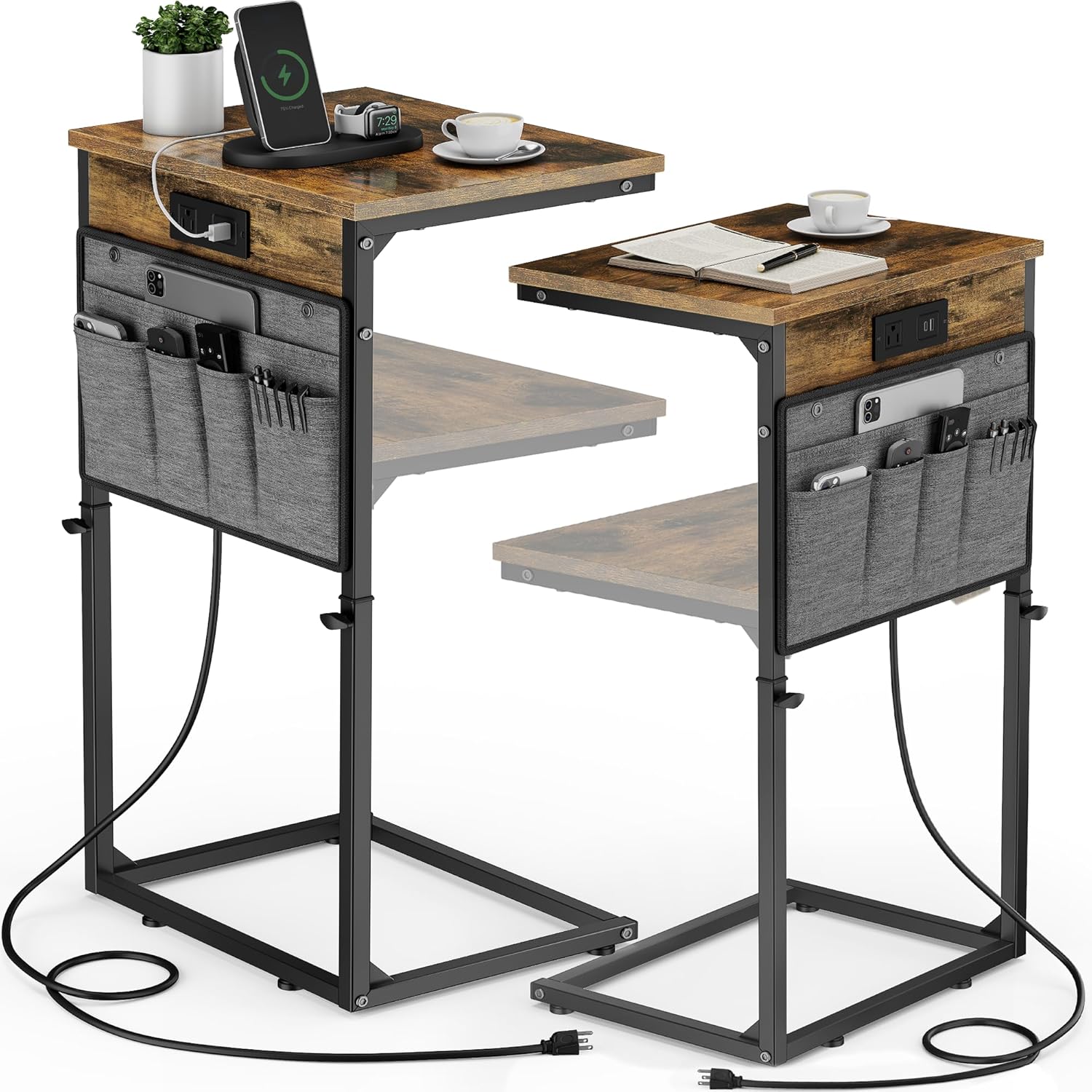 Vagusicc C-Shaped End Table Set of 2 with Charging Station, Small Side Table for Couch, Adjustable Height Couch Side Table, Slide Under Sofa Table TV Tray Tables for Living Room,Bedroom,Bedside, Brown 2pc Rustic Brown 16"D x 12"W x 17.7-33"H