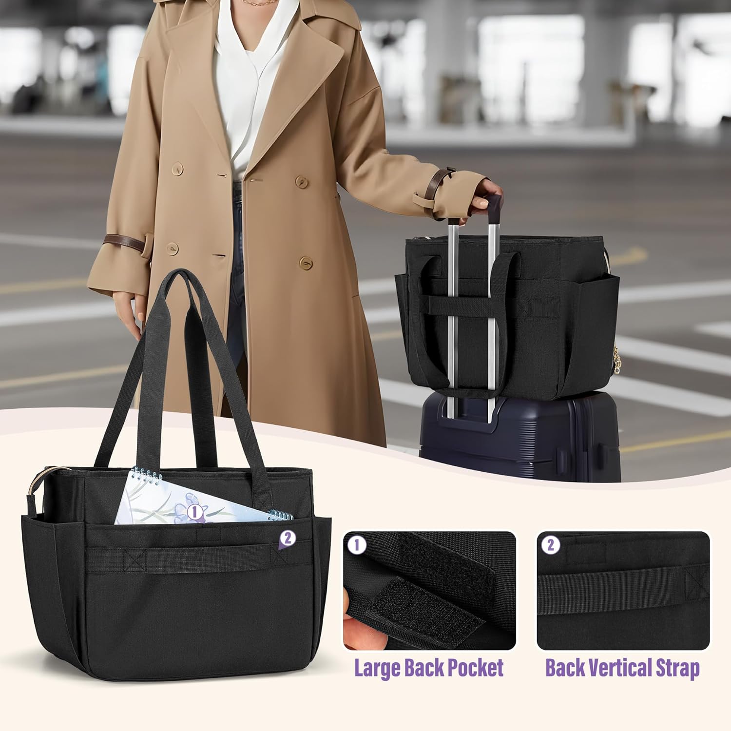 LUXJA Teacher Bag with Accordion File Area and Laptop Sleeve, Teacher Tote Bag for Women (Patent Pending), Black - Image 4