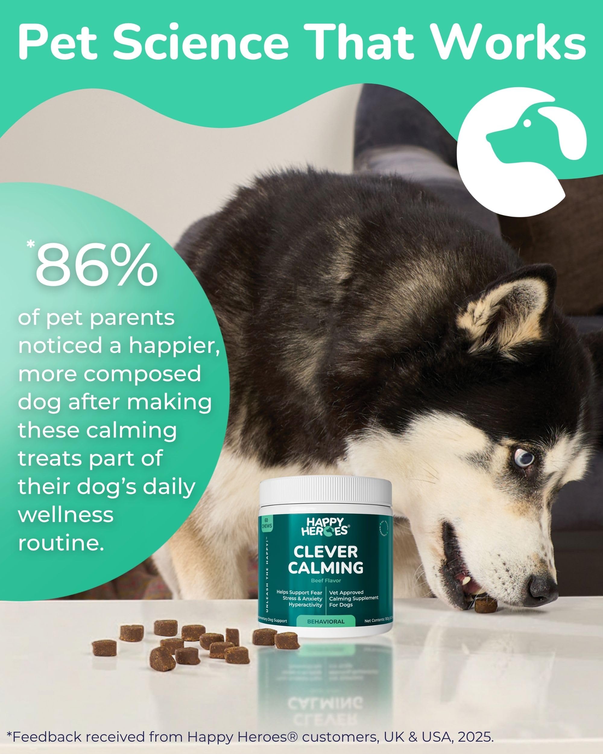 Golosinas calmantes para Perros, suplemento 100% Natural, Reduce estrés, Miedo, hiperactividad, ansiedad, agresión, favorece Alivio y relajación, 120 masticables Suaves sin Granos