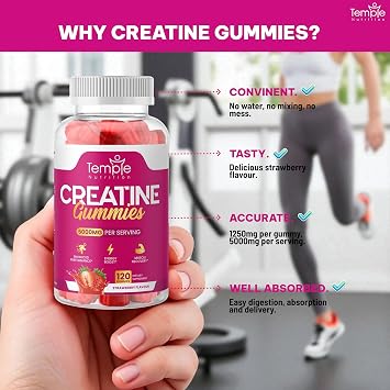 NEW Creatine Monohydrate Gummies 5000mg for Men & Women - 120 Chewable Creatine Gummies (1 Months Supply) - Strawberry Flavoured Creatine, Pre Workout Gym Supplement, Suitable for Vegans