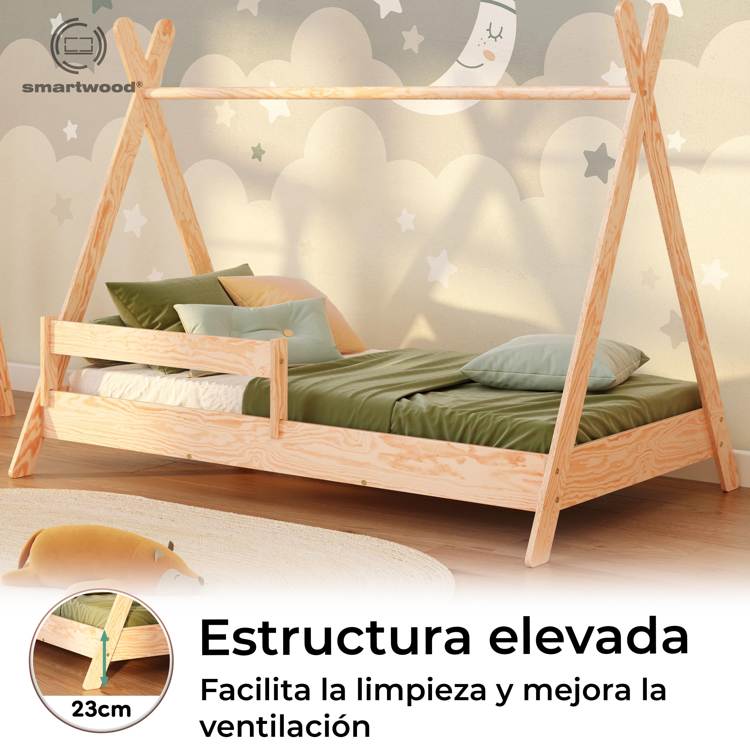 smartwood Cama Casita 80x160 cm - Cama Infantil Tipi de Madera de Pino FSC con Barandilla Anti-caídas y Somier de Lamas hasta 230 kg - para Niño y Niña - Montaje Fácil
