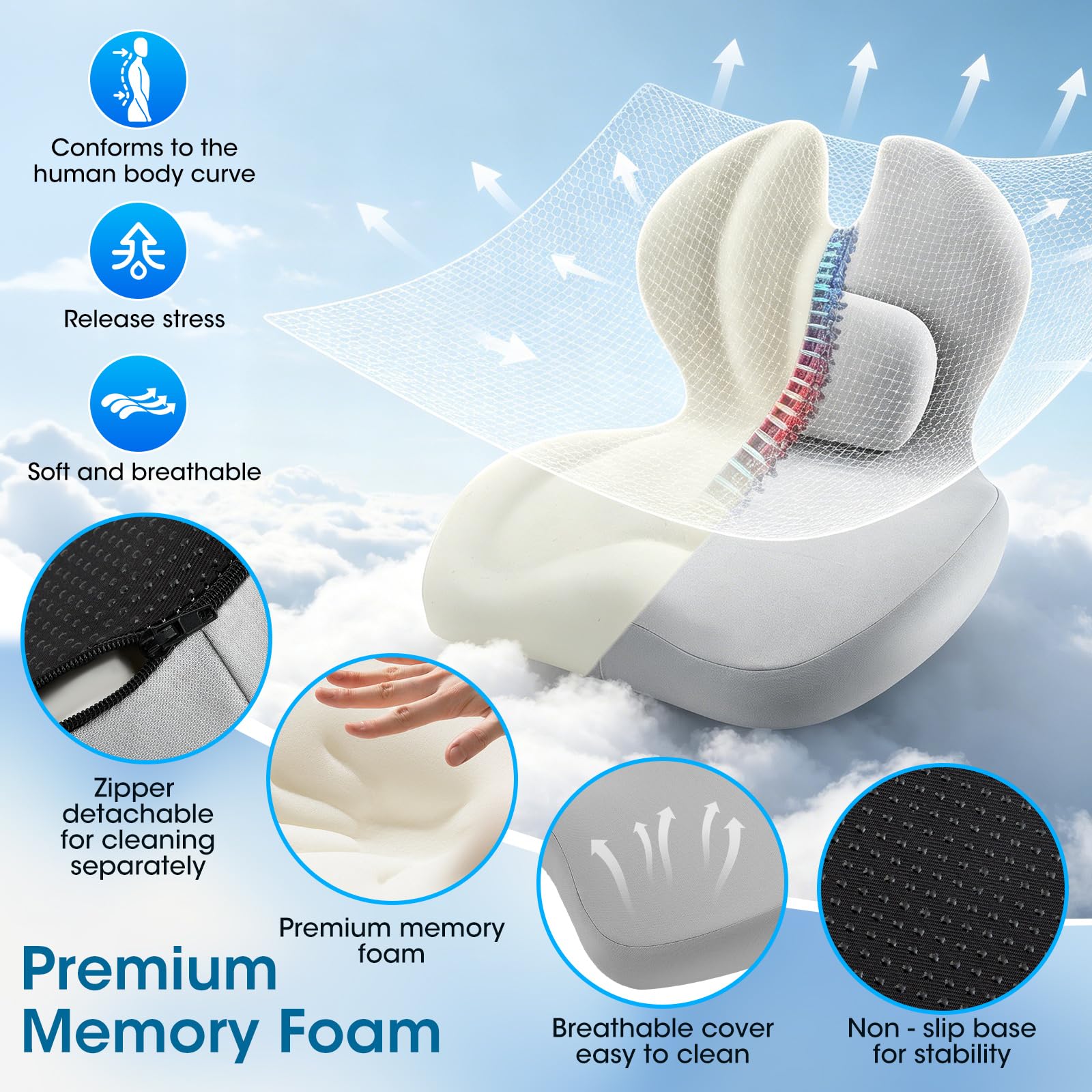 Coussin d'assise orthopédique 2 en 1 avec dossier, coussin d'assise ergonomique, chaise de bureau et voiture, pour soulager la pression en cas de douleurs au coccyx, support lombaire en