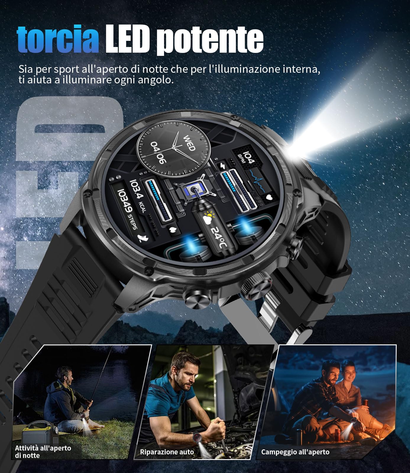 LIGE Smartwatch Uomo con Torcia LED, 1.85" HD Orologio Intelligente Fitness Chiamate Bluetooth, 710mAh Militari Smartwatch Tracker Attività 100+Modalità Sportive per Cardiofrequenzimetro, Android iOS