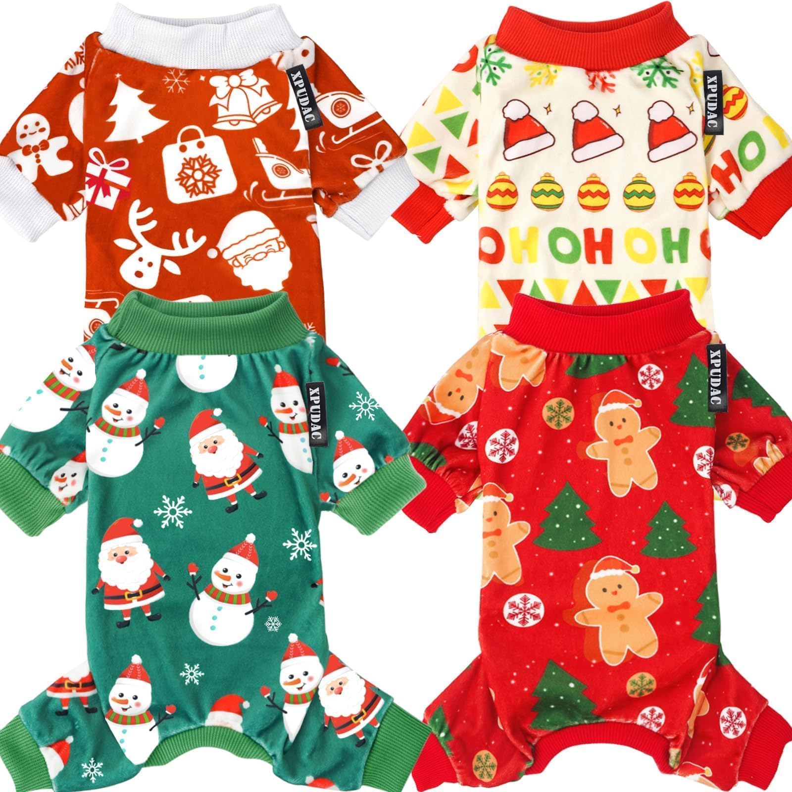 XPUDAC 4 Pieces Dog Christmas Pajamas Santa Pet Clothes Cute Snowman Dog Pajamas Costumes for Doggie Red Green Small