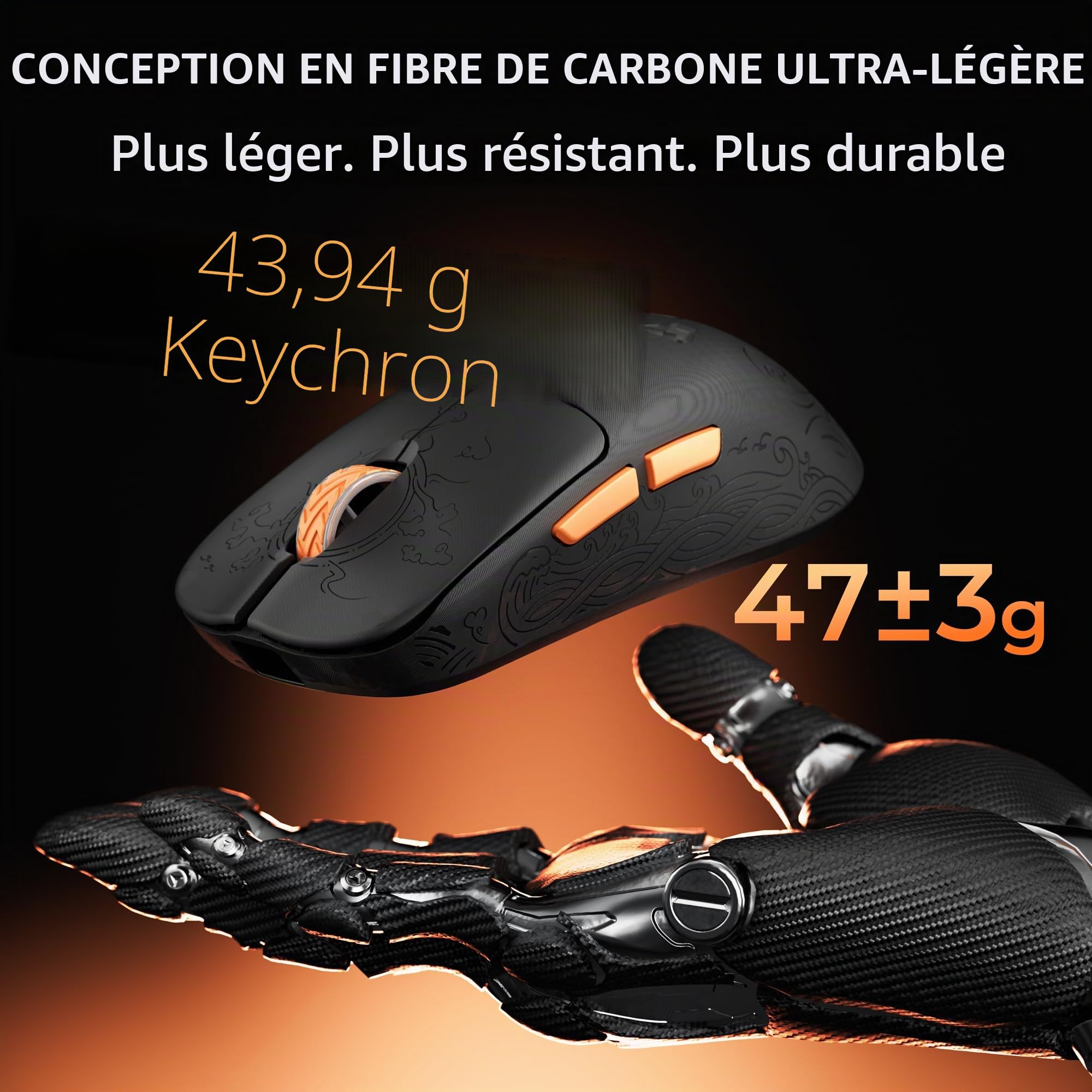 Keychron G3 8K Souris Gaming en Fibre de Carbone, Ultralégère 44g, 8000 Hz, 2,4 GHz/BT 5.3/USB-C, PixArt 3950, 30000 DPI, 160 Heures d‘Autonomie, 5 Boutons Programmables, Idéale pour l'e-Sport et FPS