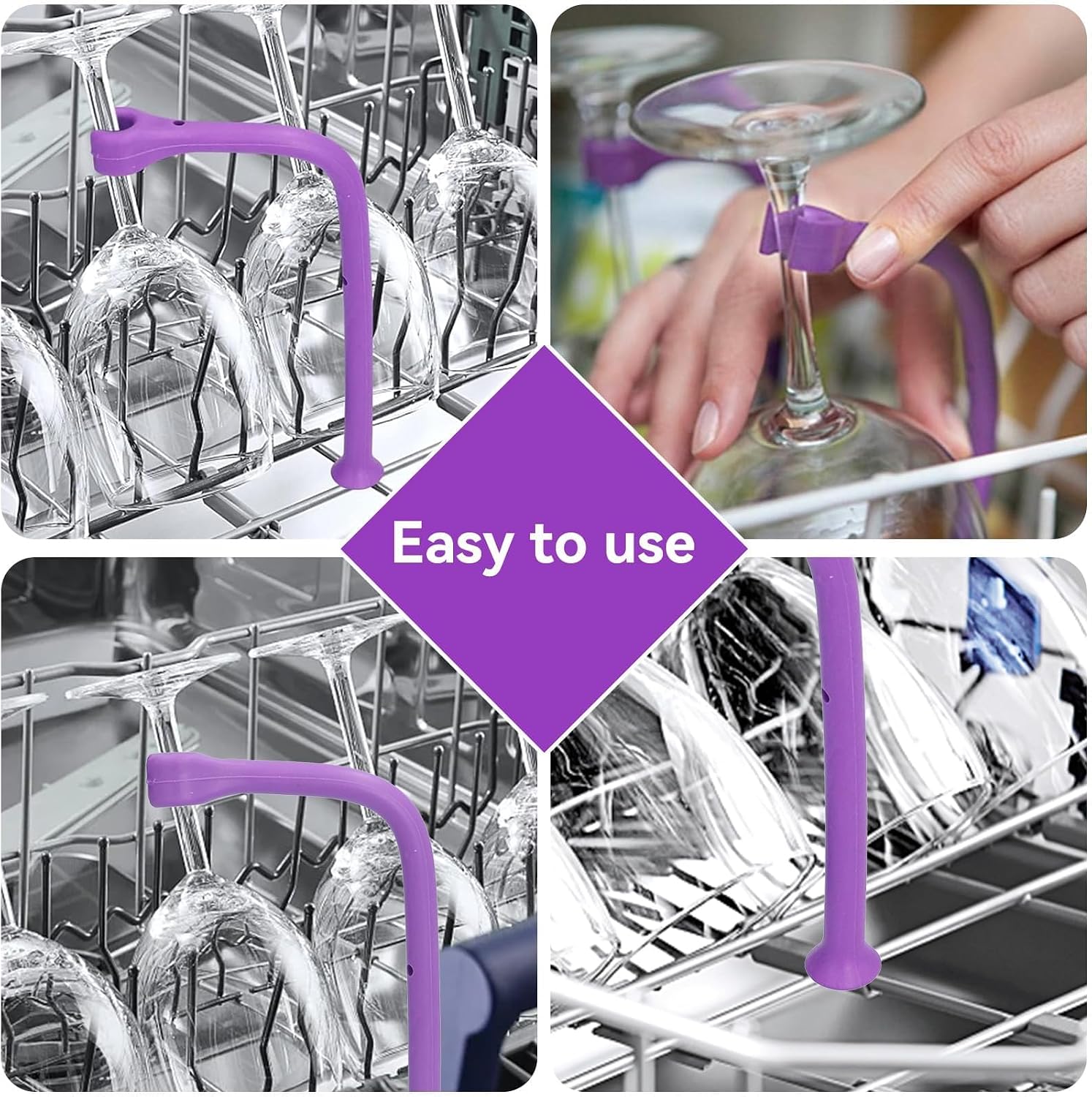 8Pcs Silicone Wine Glass Holders for Dishwasher, Universal Stemware Protector Dishwasher Safe Goblet Stabilizer Tether to Prevent Breakage Flexible Clamp Fits All Dishwasher Racks