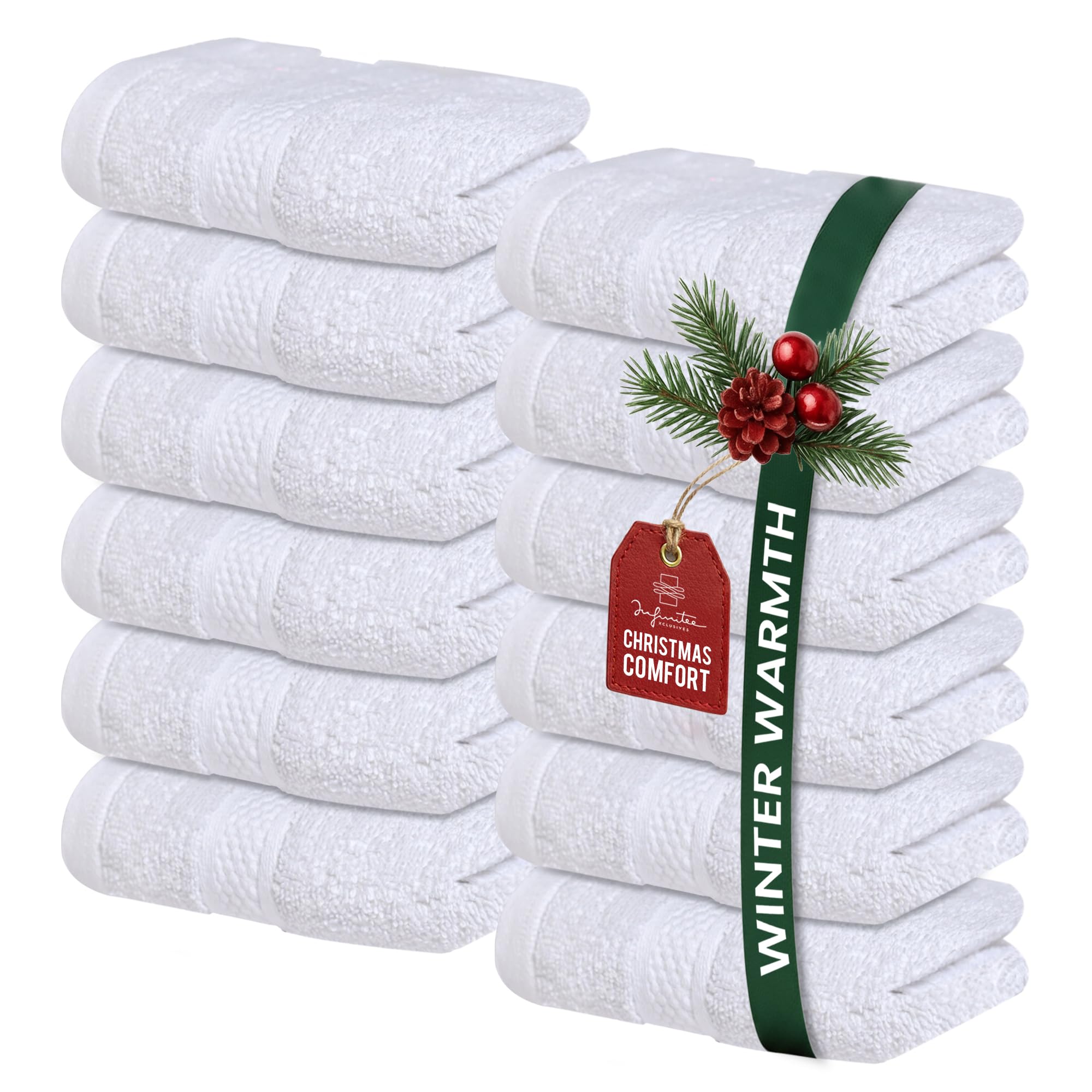 Infinitee Xclusives Premium White Washcloths Set – Pack of 12, 13x13 Inches 100% Cotton Wash Cloths for Your Body and Face Towels, Kitchen Dish Towels and Rags, Baby Washcloth