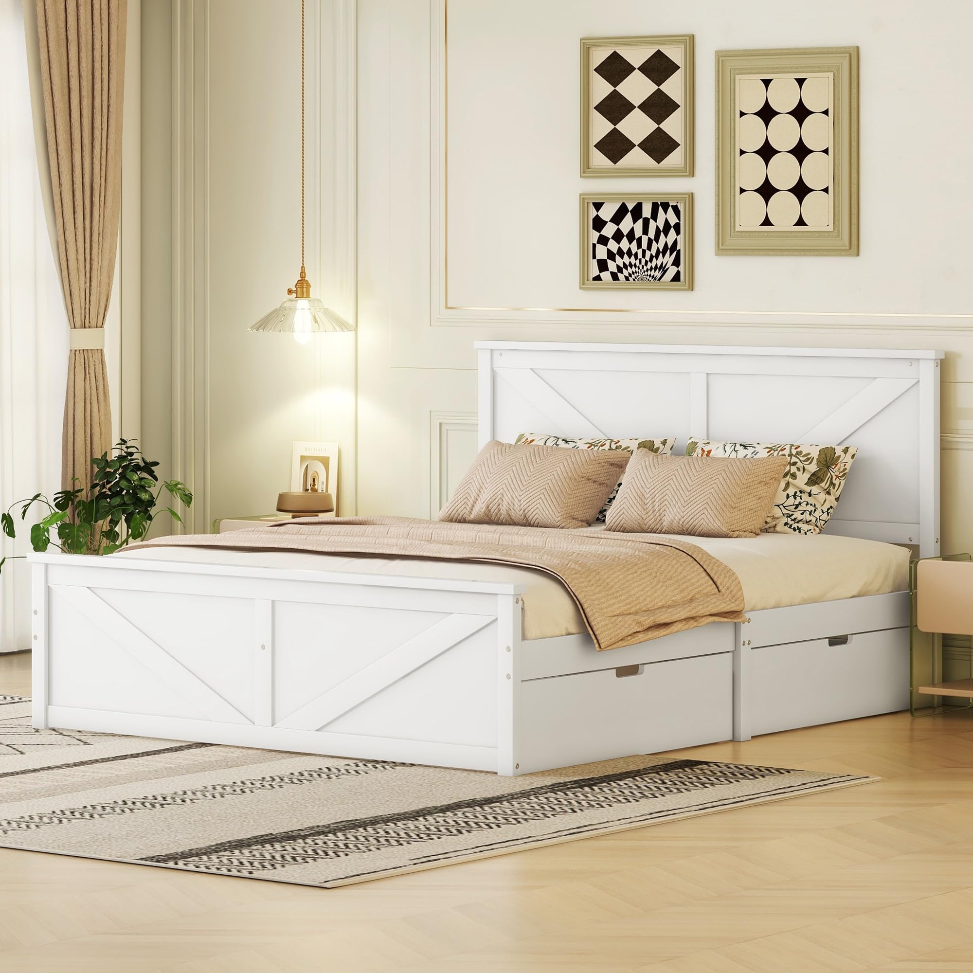 Letto matrimoniale 160 x 200 cm, semplice letto matrimoniale in legno con quattro cassetti, realizzato in legno massello e MDF (bianco)
