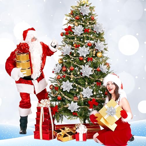 Miniatura 4 de Lyrow 24 flores de Pascua artificiales con purpurina de Navidad con clips de 4 pulgadas, decoración de flores de Navidad de 4 pulgadas, coronas de