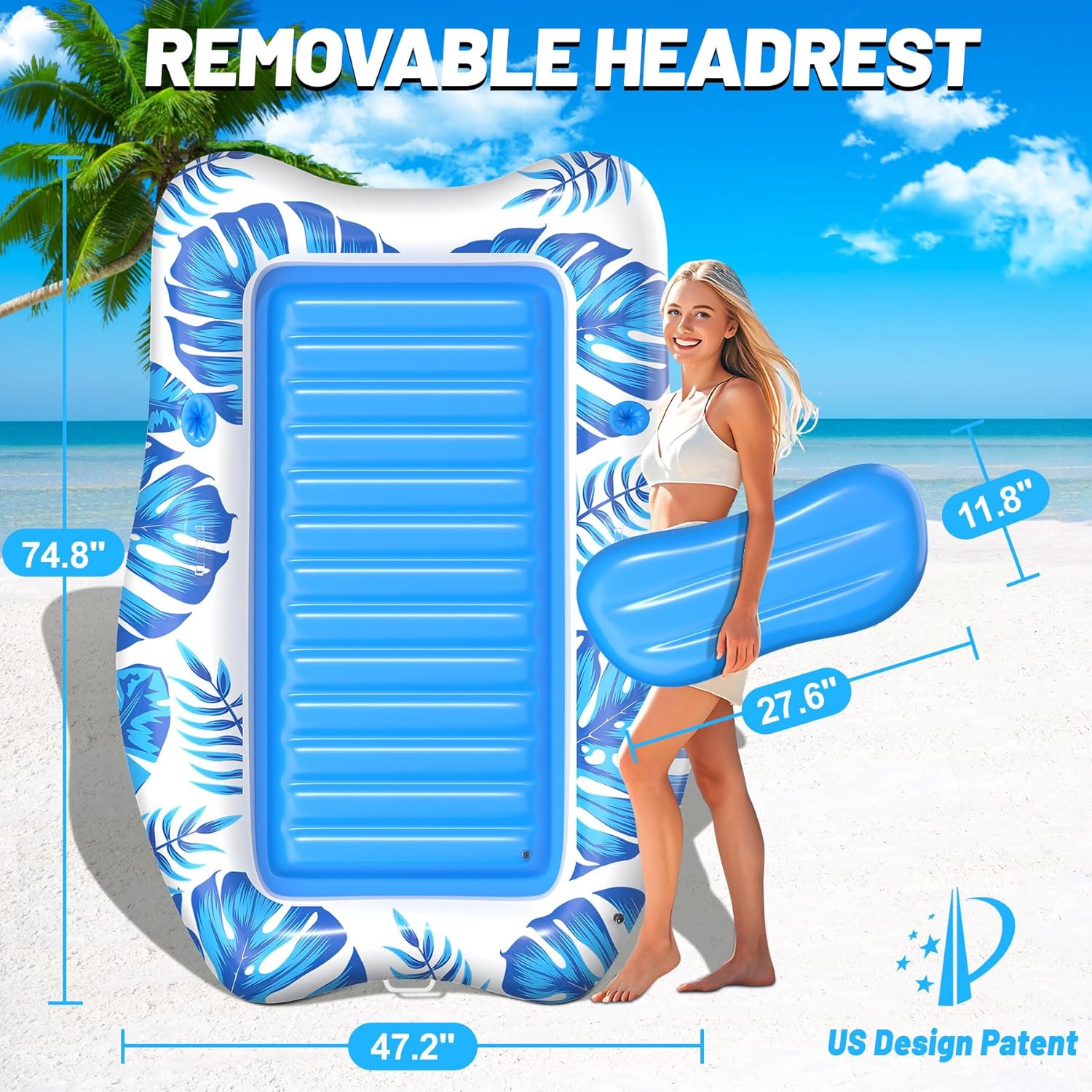 LanAqua Inflatable Tanning Pool, Large Tanning Pool Lounger Float for Adults with Removable Head Rest, Sunbathing Tanning Pool Float with Cup & Phone Holders, Blow Up Tanning Pool Bed