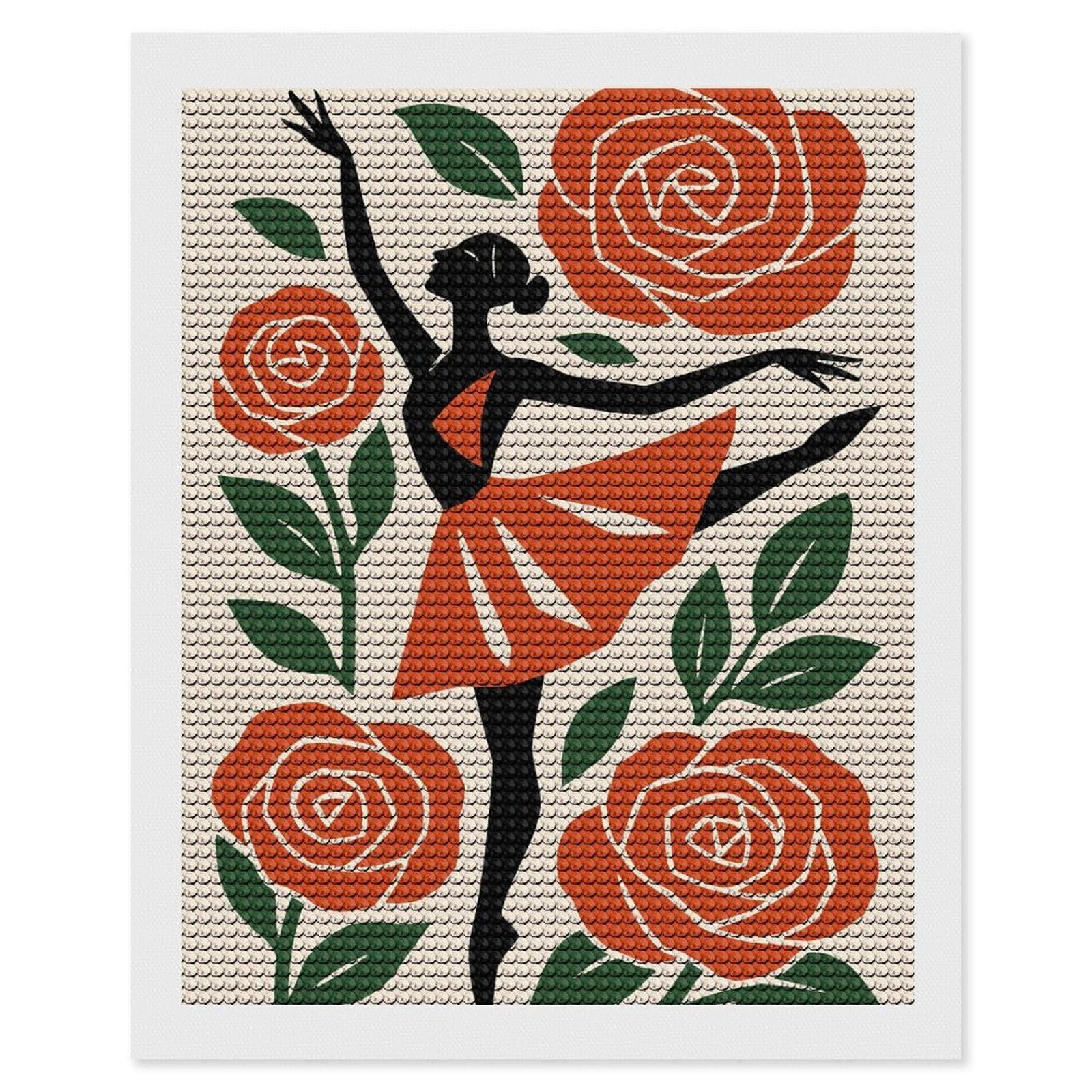 Junmoney Ballerina with Roses Diamond Painting Canvas Set 16"x20", Mindful Craft Activity, Nice Detail and Sparkle, Farmhouse Decor, Birthday Gift