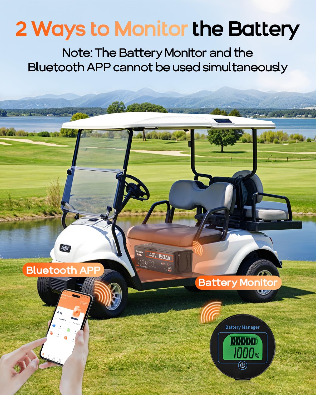 HumsiENK 48V 150Ah LiFePO4 Golf Cart Lithium Battery Bluetooth with 48V 15A Charger, 7680Wh Golf Cart Deep Cycle Battery, Built-in 200A BMS with Low-Temp Protection, Trolling Motors etc