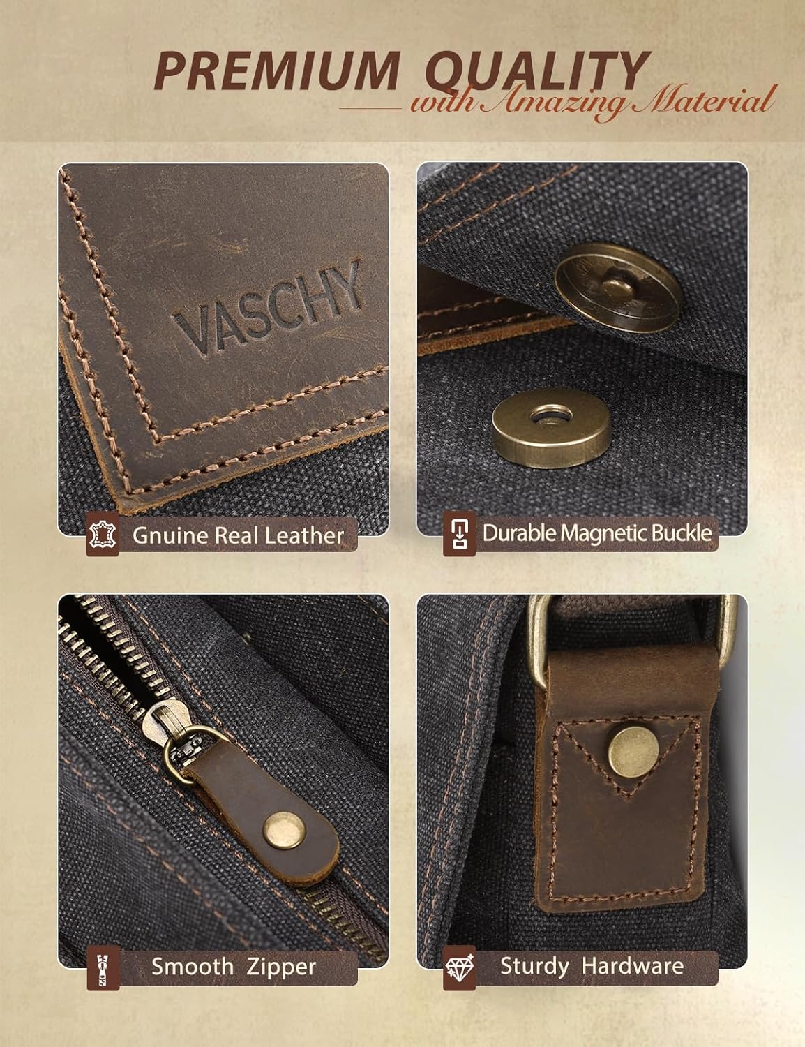 VASCHY Small Messenger Bag, Vintage Canvas Leather Lightweight Crossbody Bag