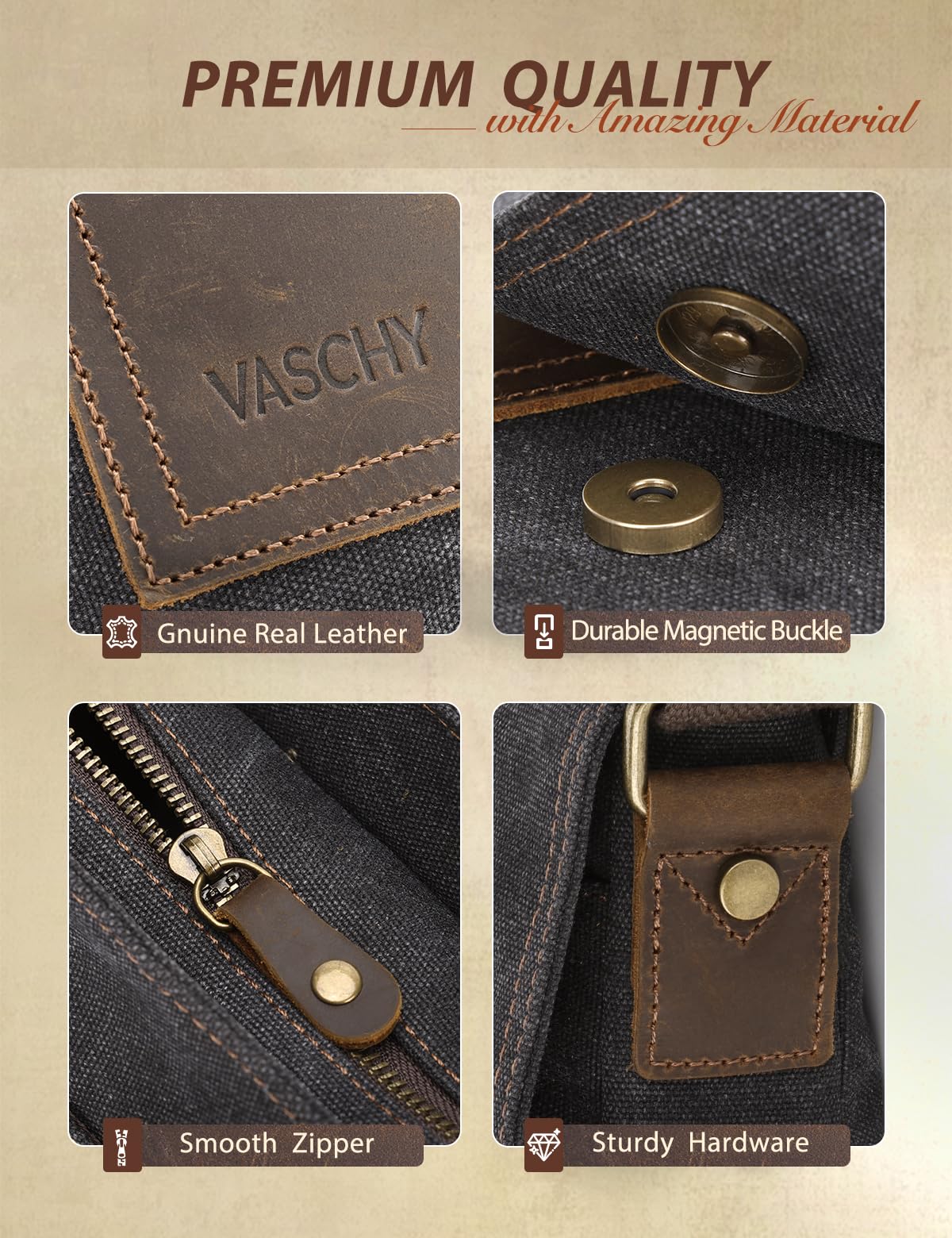VASCHY Bolso Bandolera Hombre Casual, Lona Piel, 11 Pulgadas, Doble Forma