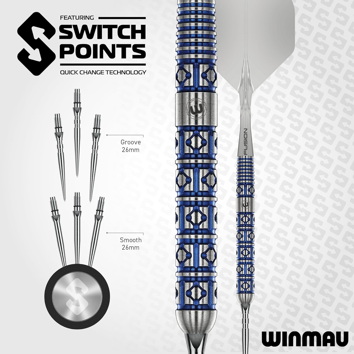 Winmau Darts – Lunaris 90% Tungsten Darts Set | Fusion Clear Short Shaft | Groove & Smooth Switch Point | Parallel 23 g/25 g, Tapered 22 g/24 g Blue & Silver Barrels | Rapid-Change System