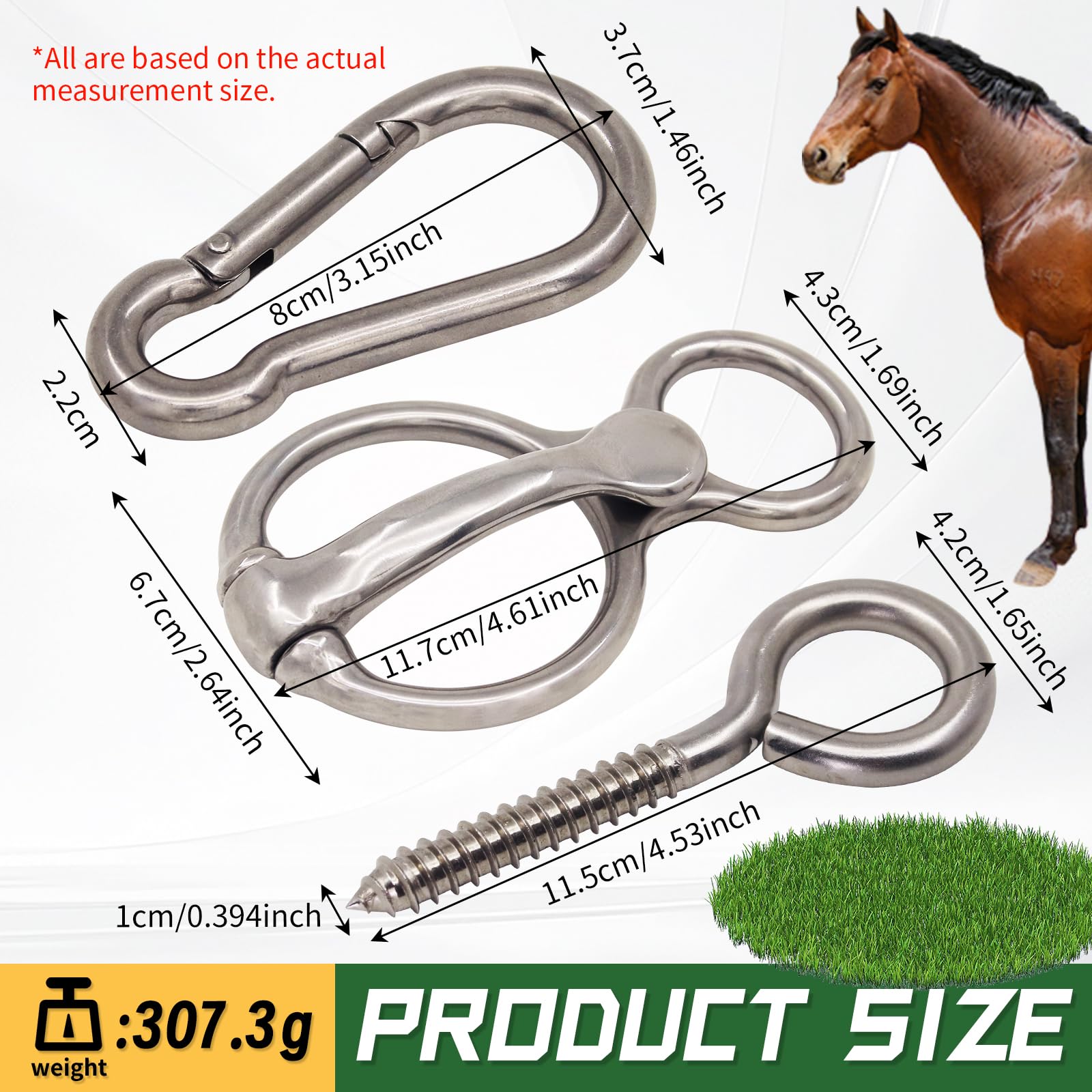 Horse Tie Ring Stainless Steel Horse tack and Supplies,Horse Training Equipment with Eye Bolt and Snaps Saddle,Quick Snap,Humane Way Prevent Horses from Pulling Back Safe Accessories (silvery)