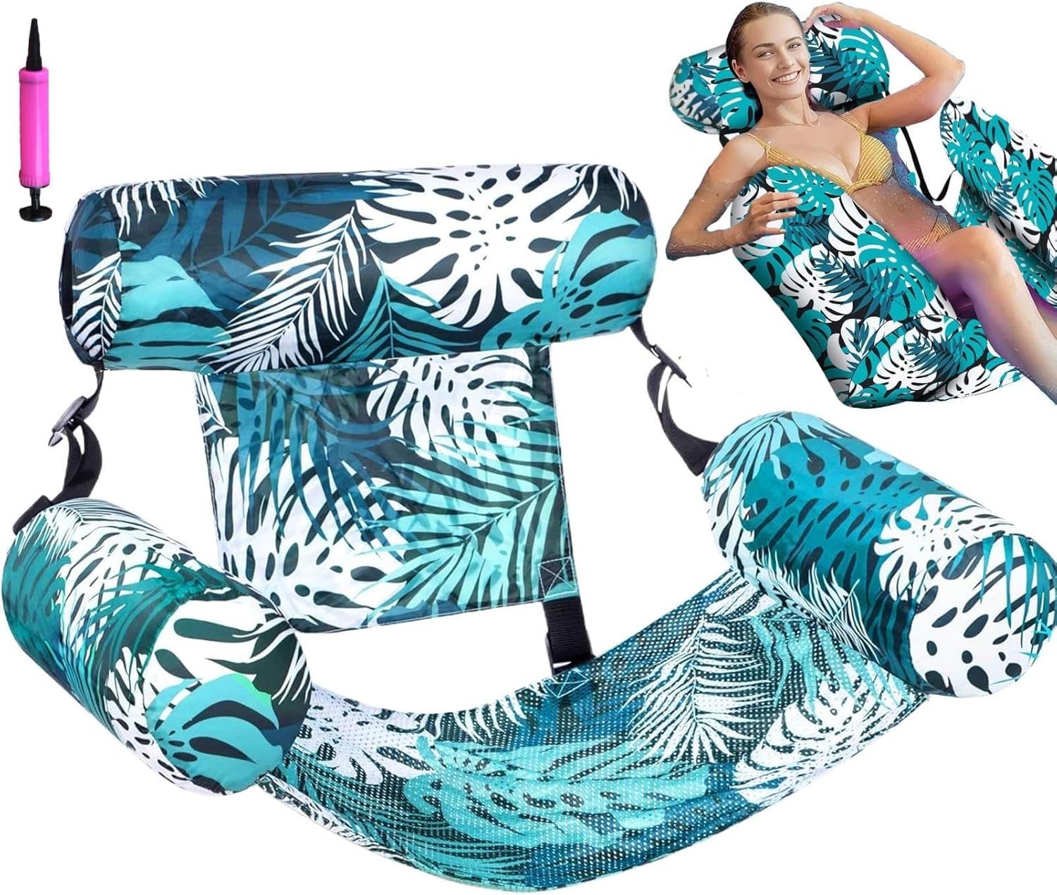 Pool Floats Chairs Adult,Inflatable Pool Lounge,Plant Pattern Floating Mat Hammock Includes PumpBlow up Water Chairs Noodles rafts for Party Summer Water Beach Fun (Green)
