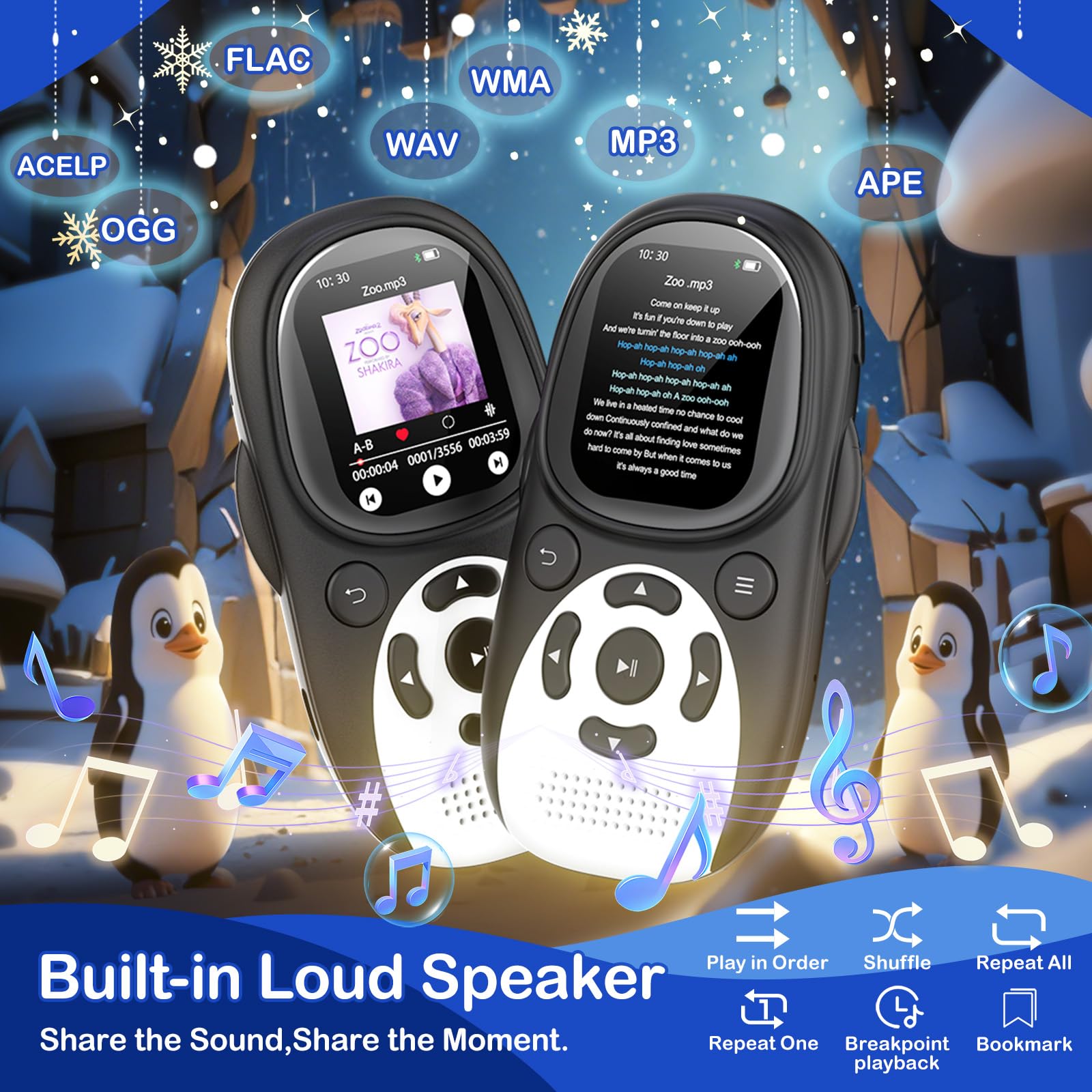64GB Reproductor MP3 Infantil, Bluetooth 5.3 Diseño Pingüino con Pantalla IPS 2'', Altavoz Integrado, Radio FM, Batería 750mAh, Correa Ajustable, Regalo para Niños，Ampliable 128GB