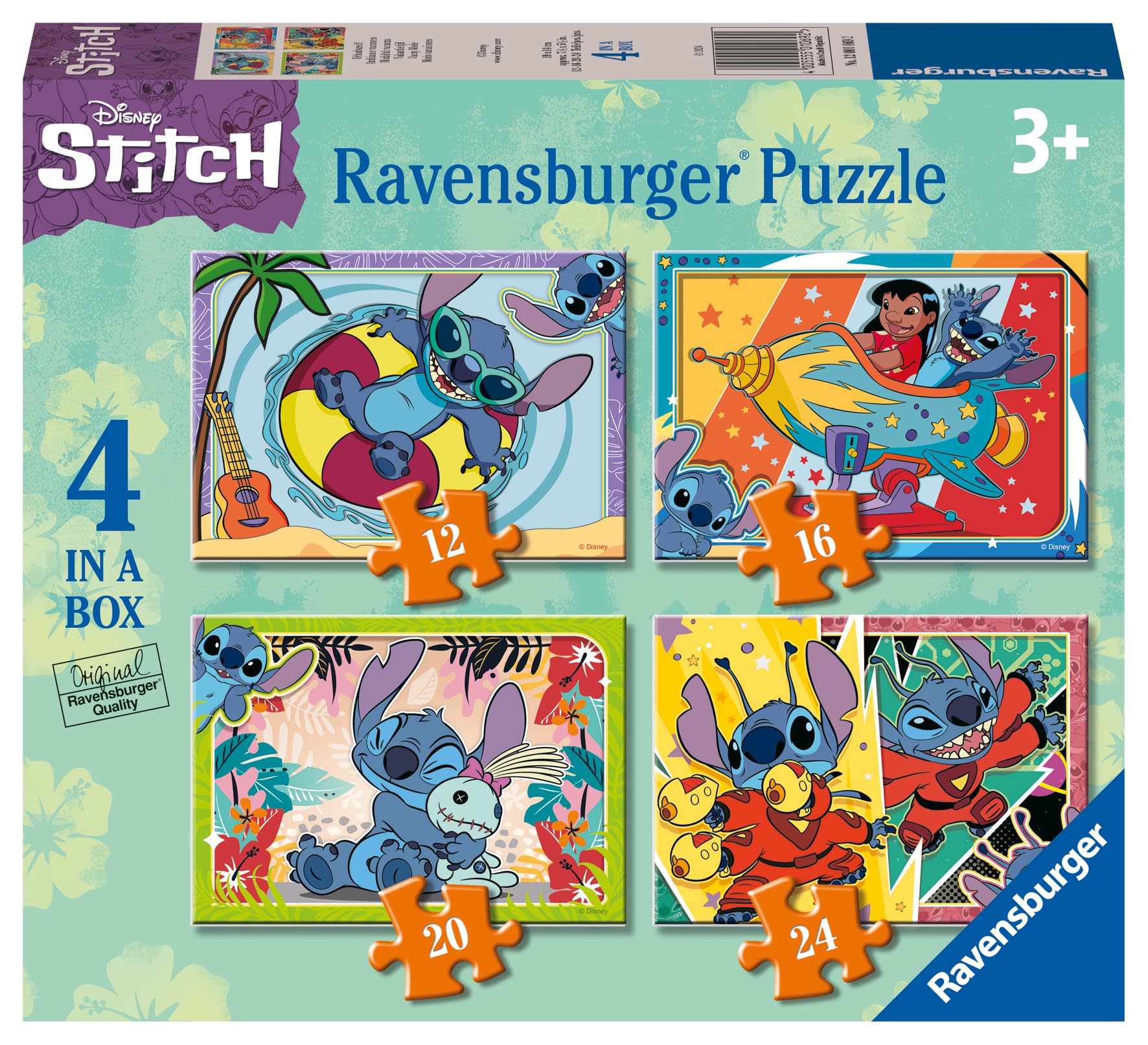 Ravensburger - Puzzle Disney Stitch 4 en 1, Rompecabezas para Niños de 3+ Años, Juego Educativo y Estimulante, 4 Rompecabezas de 12, 16, 20, 24 Piezas