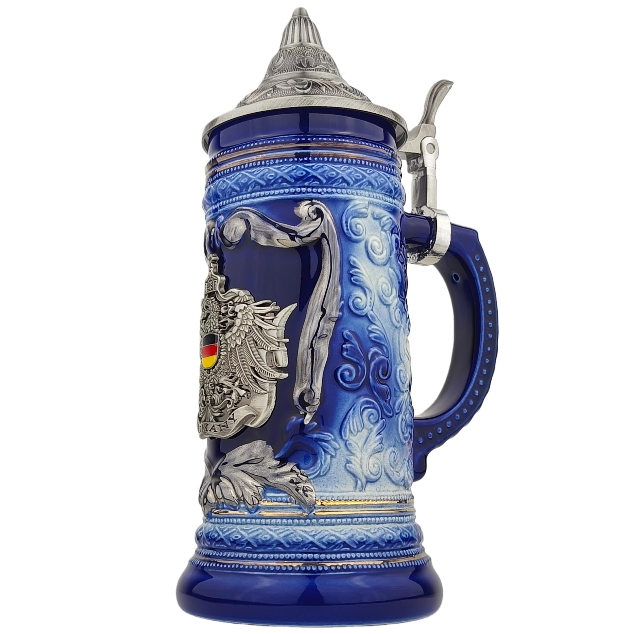 Bierkrug mit Deckel 0,7L – Klassischer Steinkrug mit Spitzdeckel & Metallmontur – Deutschland Motiv – Geschenkidee für Männer, Vater & Bierliebhaber (Blau)
