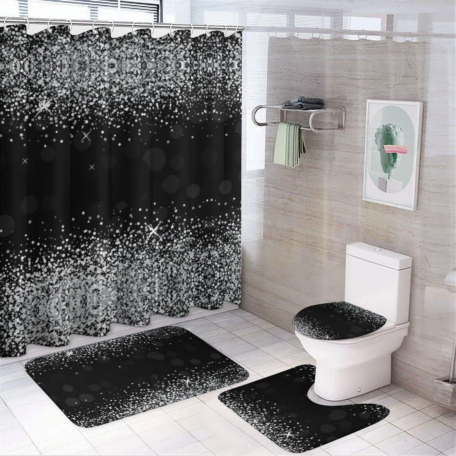JZemdybill Bathroom Mat Set 4 Piece, Shiny Silver Glitter Shower Curtain with Non-Slip Bath Mats for Bathroom