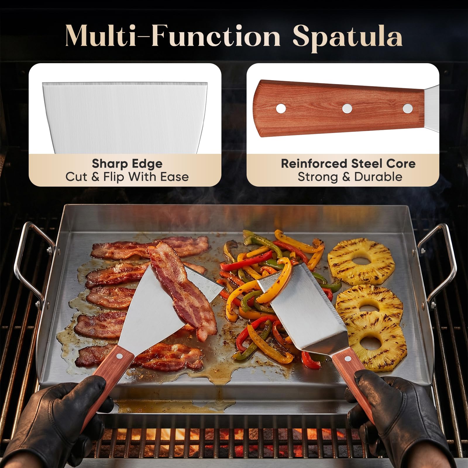 Plancha płyta grillowa ze stali nierdzewnej, 47 x 32 cm, z rynną na tłuszcz, w zestawie 2 szpachelki do grilla – uniwersalna płyta XL do grilla gazowego i grilla na świeżym powietrzu – duża