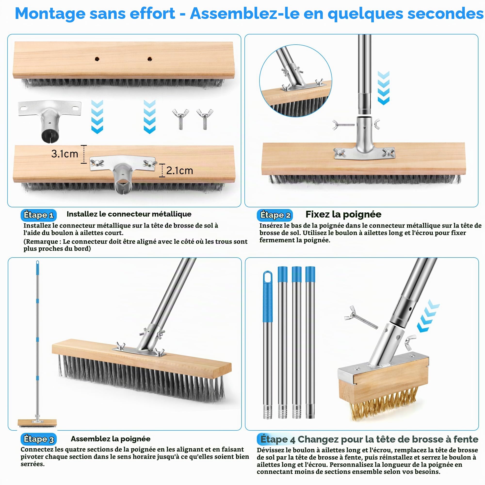 COZCLAM Ensemble de Brosse Metallique Robuste avec Manche Télescopique de 160cm, Brosse pour Sol de 35cm et 2 Brosses pour Joints, Balai Brosse Sol Métallique pour Extérieur Patio, Terrasse et Jardin