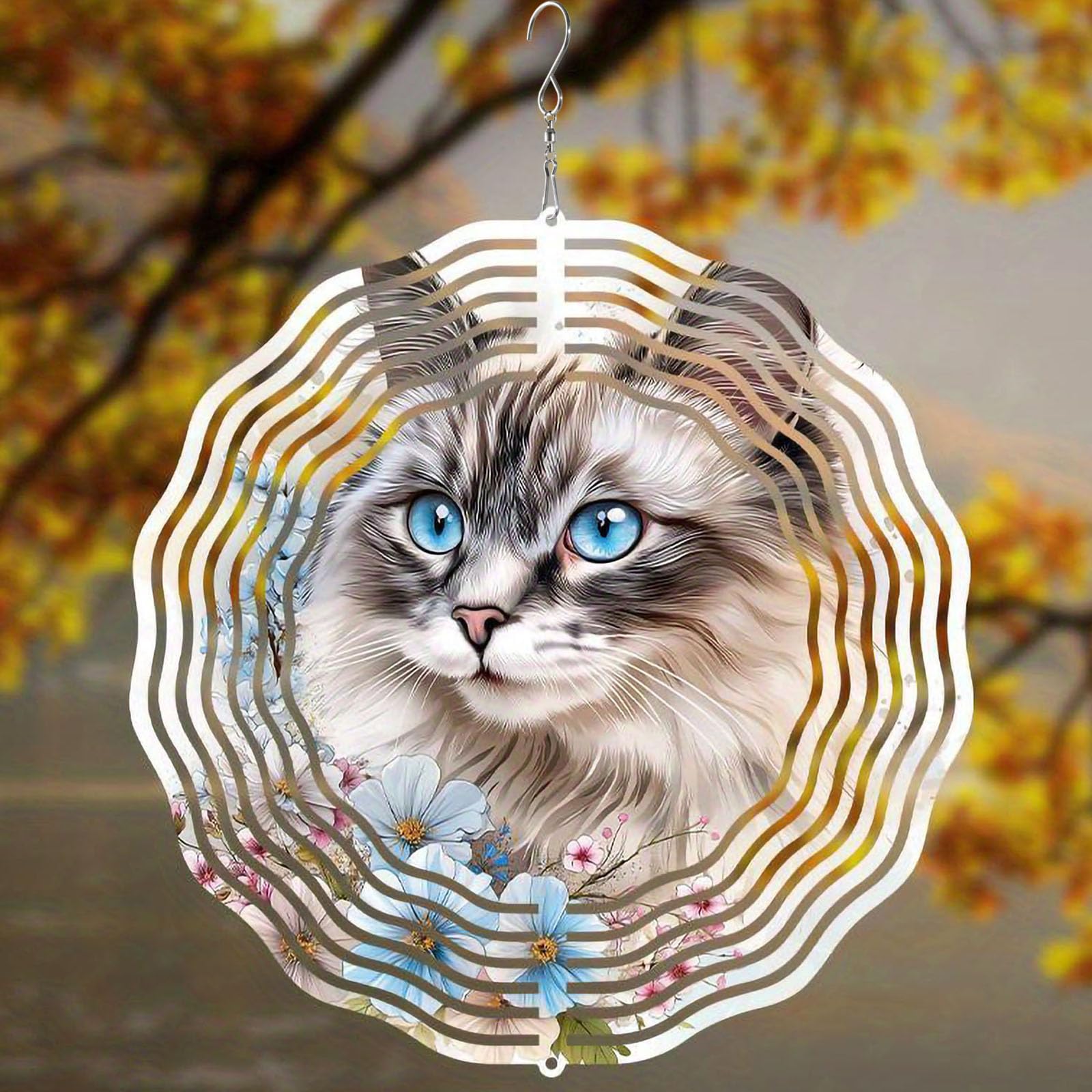 10 Inch Cat Wind Spinner, 3D Stainless Steel Hanging Kinetic Wind Sculpture Gifts for Garden Decor Yard Art Indoor Outdoor Window Porch Front Door Decoration