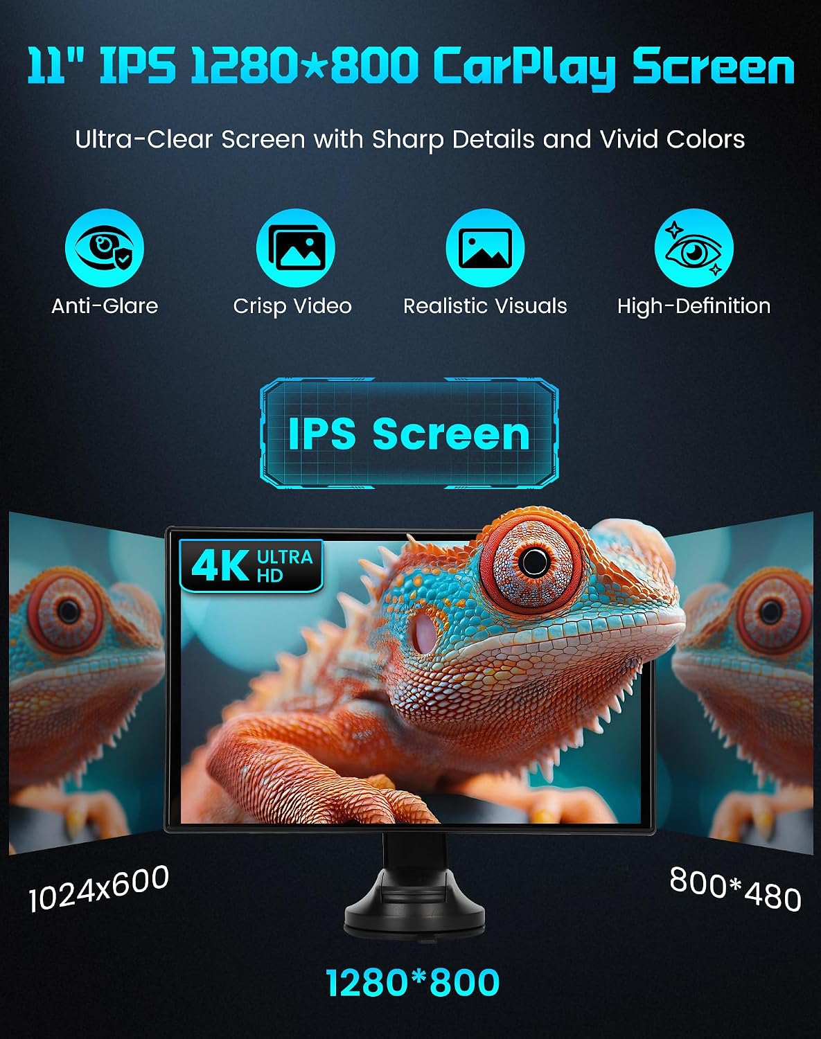 11" Ultra Large Wireless Apple Carplay Screen for Car, Apple Carplay & Android Auto HD Touchscreen with Bluetooth, 360° Swivel 4K Dash Cam, 1080P Backup Camera, GPS, Mirror Link, Voice Control, FM