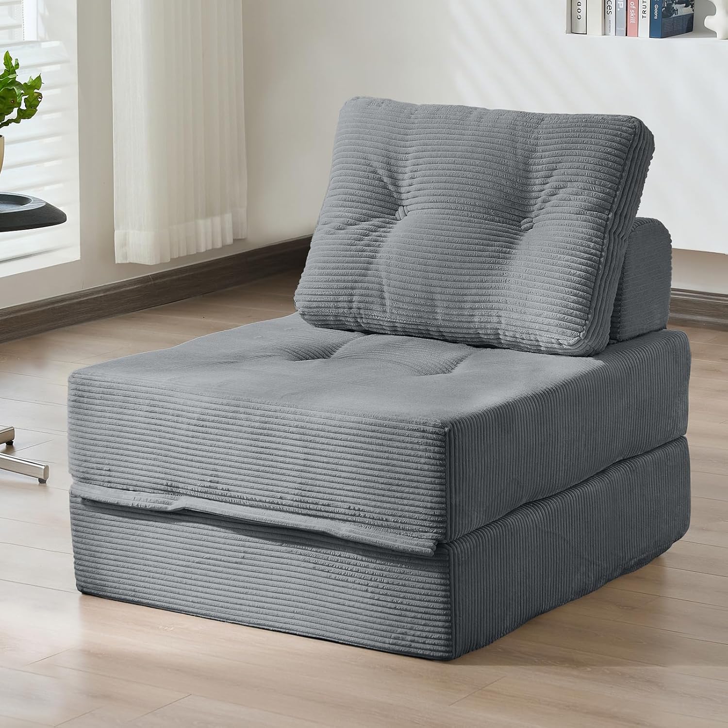 Folding Sofa Bed, 3-in-1 Convertible Sleeper Chair Corduroy High-Density Foam Futon Floor Couch Fold Out Chair Bed Sleeper for Adults Living Room Bedroom, Gray Grey