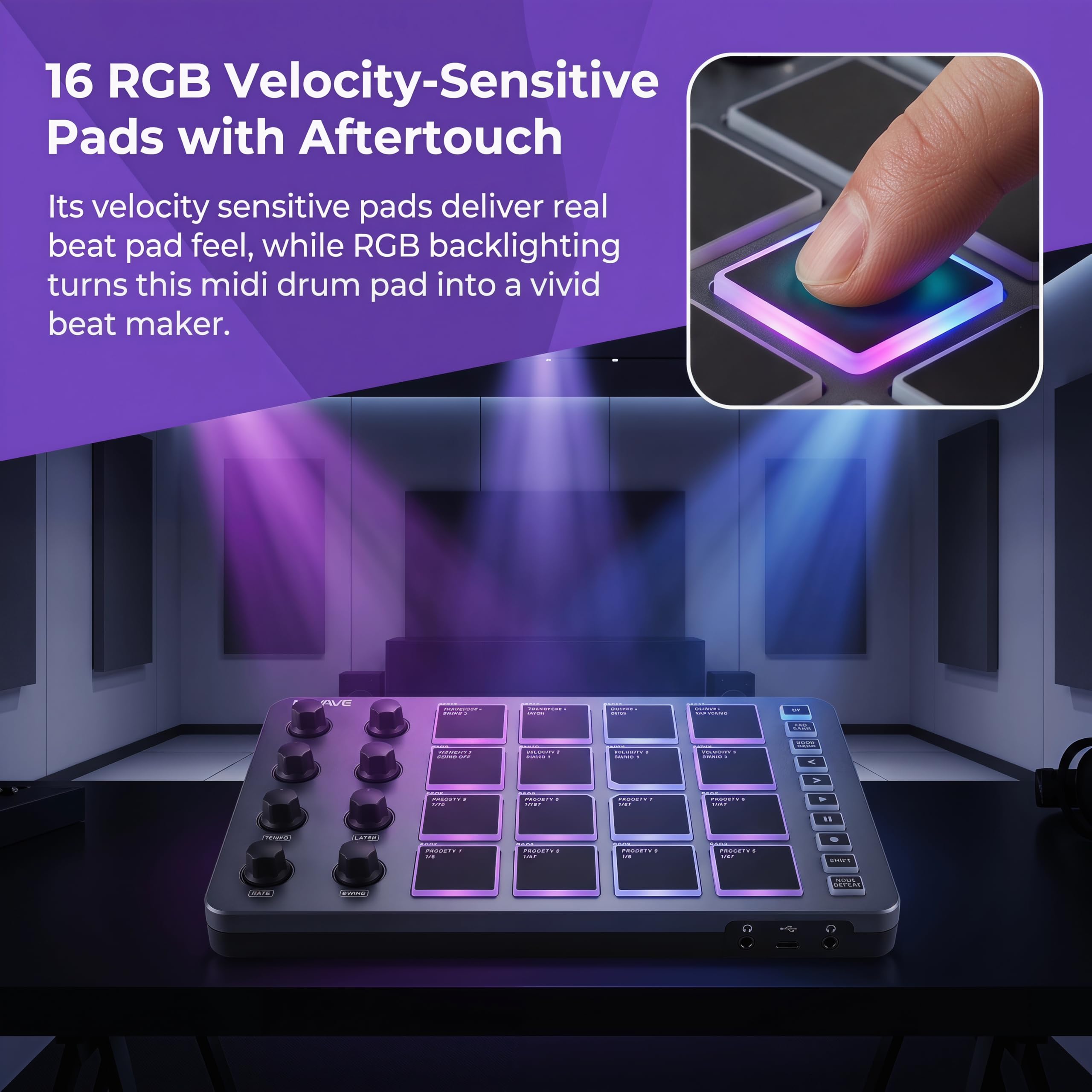 M-VAVE SMC-PAD Controlador MIDI, almohadillas MIDI portátiles inalámbricas Bluetooth con almohadillas sensibles a la velocidad, Beat Maker, cable de audio blanco de 6.35 mm (gris)
