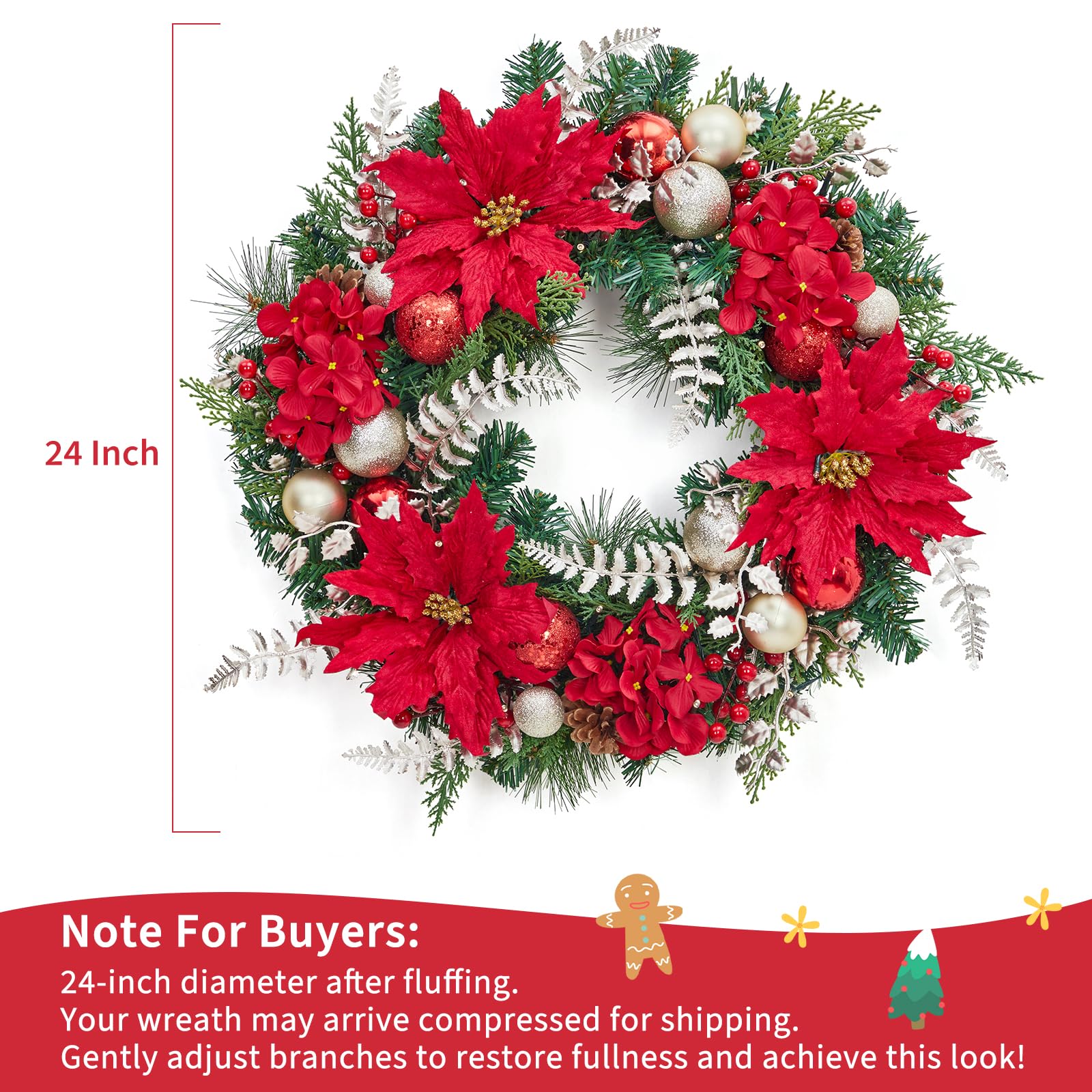 Corona de Navidad preiluminada para puerta delantera, corona de Navidad grande de 24 pulgadas para decoración navideña, corona iluminada de Navidad a pilas con flor, adornos de bola y 20