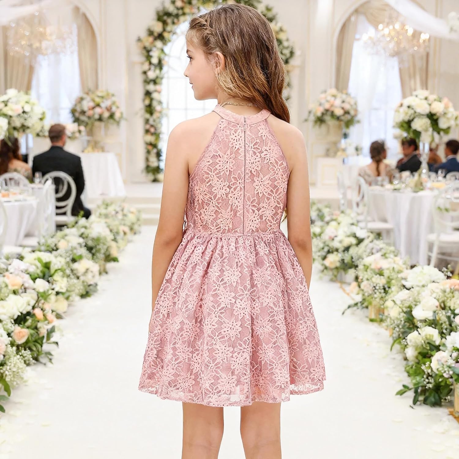 Girls Halter Neck Sleeveless A-Line Flared Swing Flower Lace Casual and Party Dress 6-13 Years - Image 3