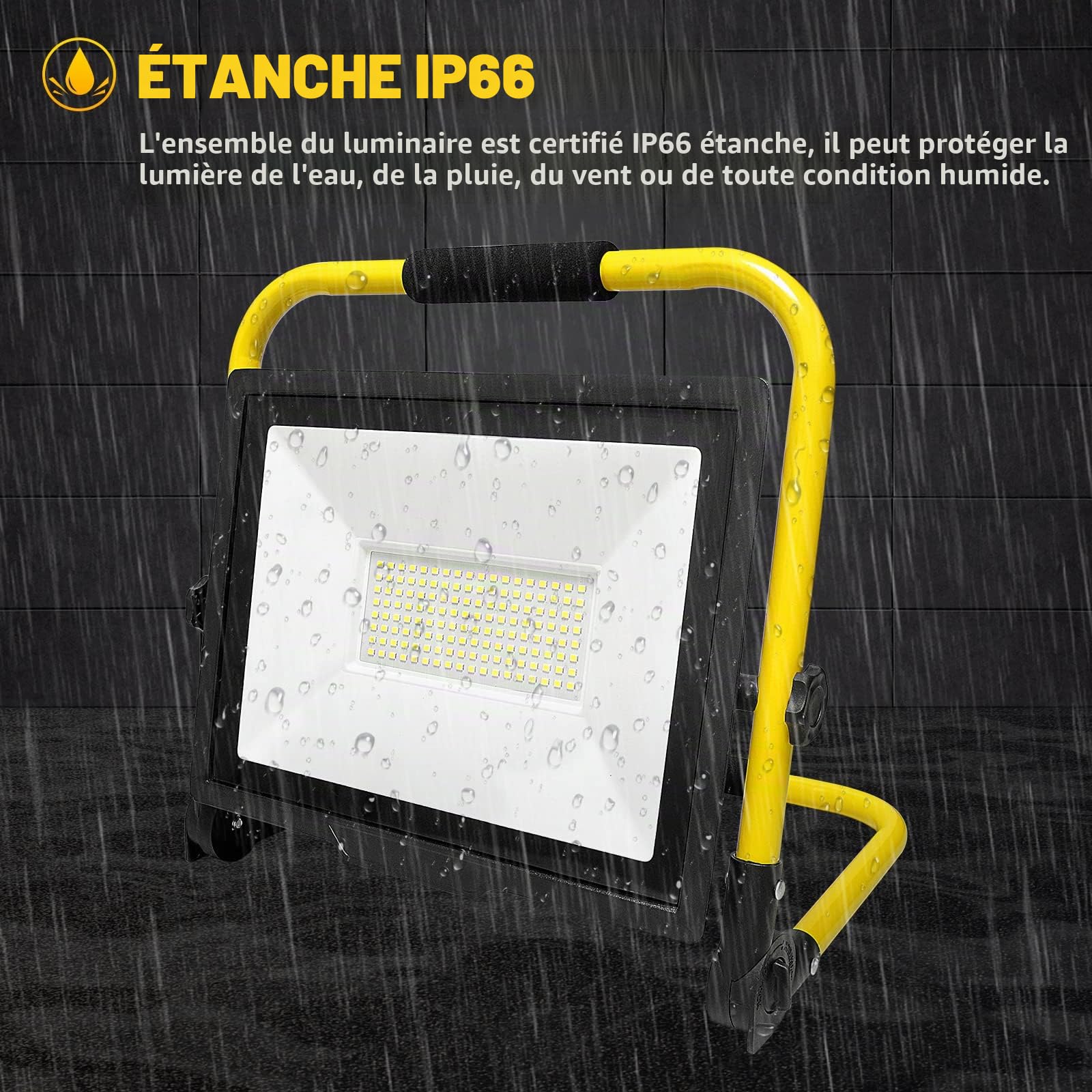 PICAA 100W Projecteur LED Portable de Chantier avec Prise, 10000LM | Lampe d'extérieur Pliable,rotation à 360°, pour travaux d'atelier, garage, terrasse, jardin, étanche IP66, 6000K Blanc