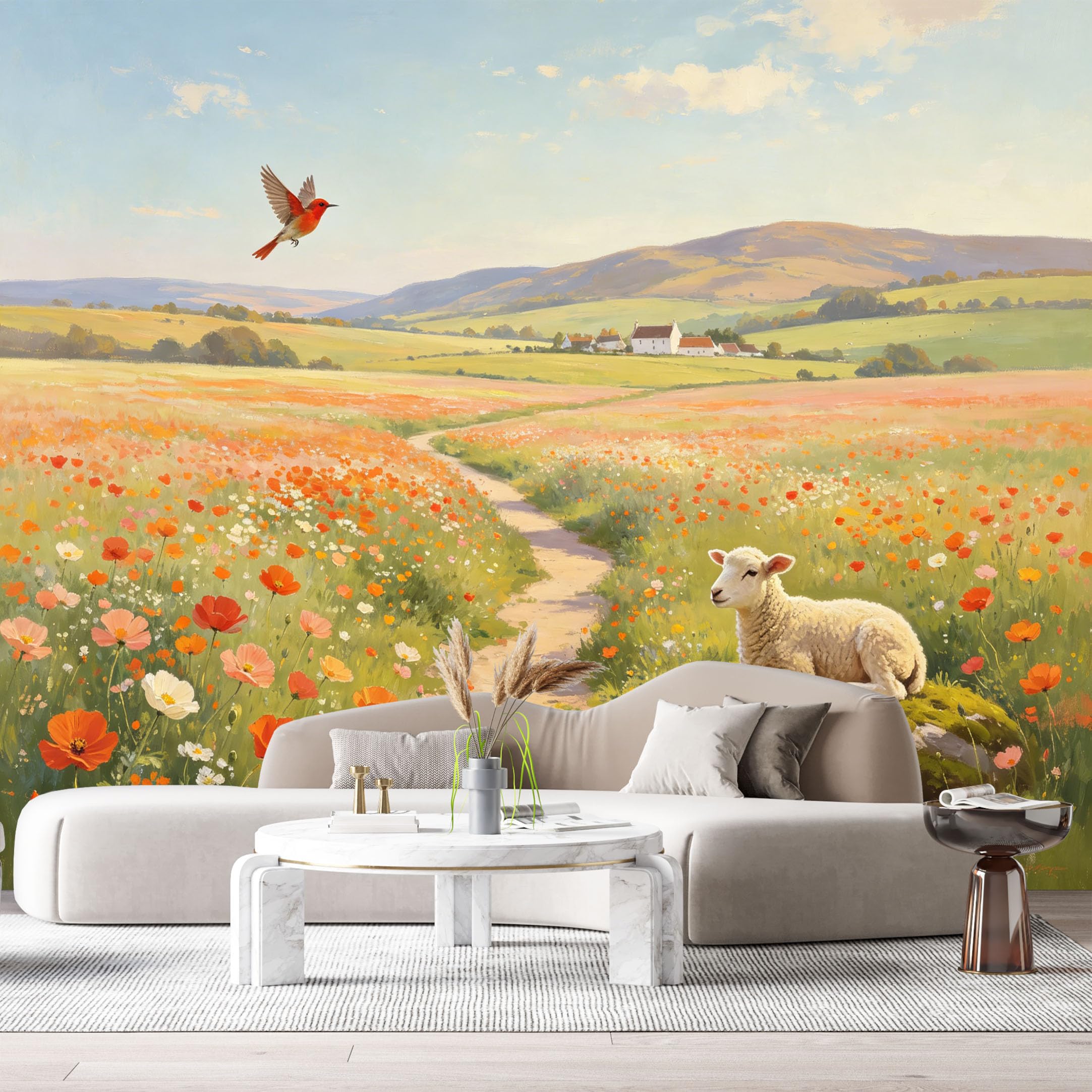 Custom Size Wall Murals Farmhouse Landscape Oil Painting Meadow Wildflowers Bird Sheep SelfAdhesive Wall Fabric Removable Large Wallpaper for Photo Living Room