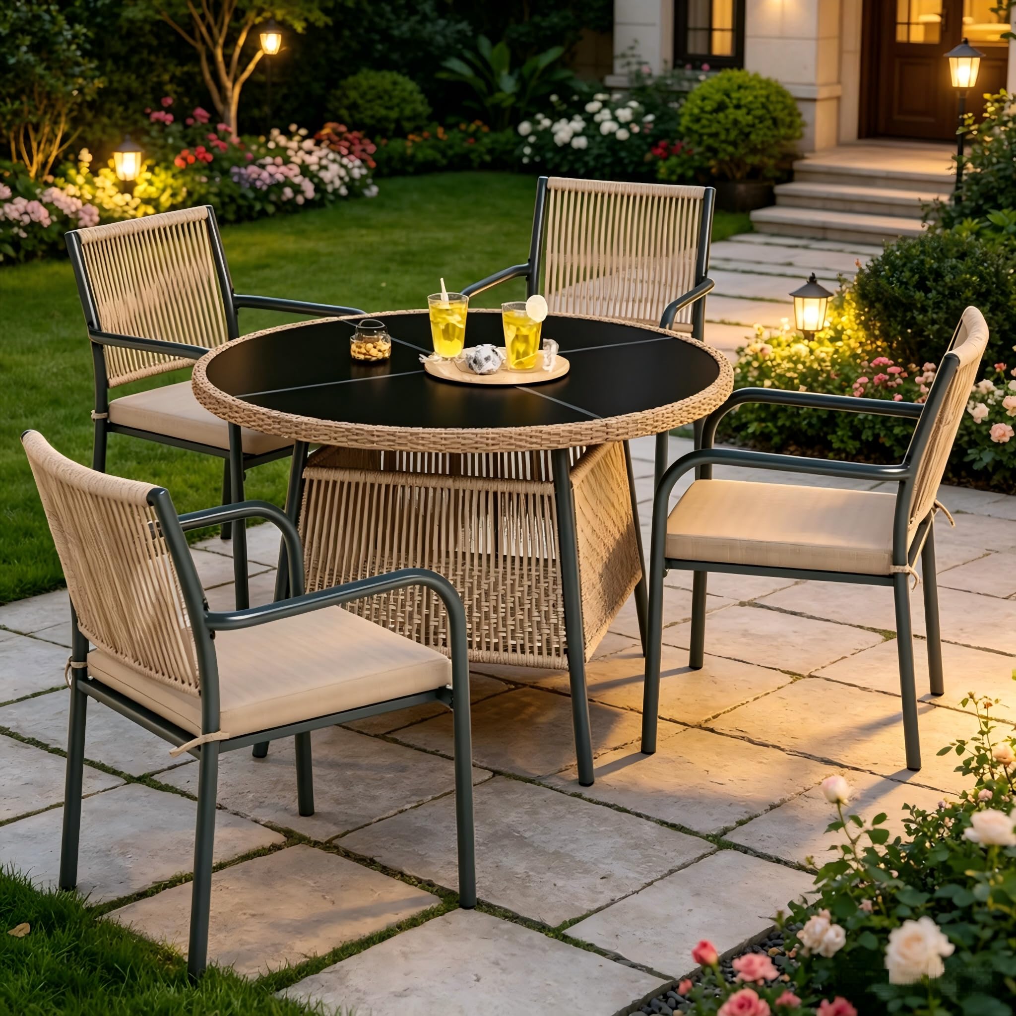 Soweiz Juego de muebles de jardín de ratán moderno, mesa redonda de cristal + 4 sillas con reposabrazos, estructura de hierro, adecuado para terraza/balcón/cubierta (gris)