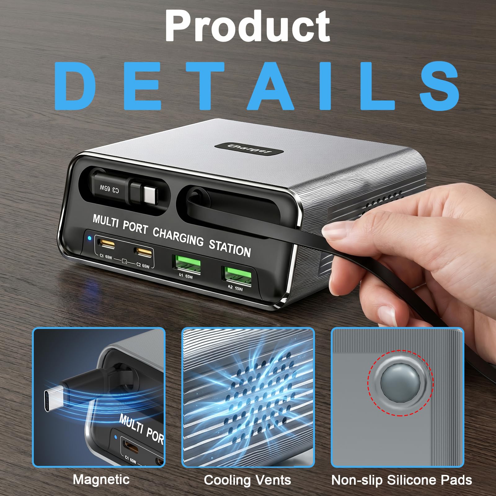Stazione di ricarica GaN 6 in 1 per più dispositivi, caricabatterie rapido USB-C da 65 W con 2 cavi retrattili, piccola multi porta compatibile con MacBook/iPad/Phone 17/16/Samsung, design silenzioso