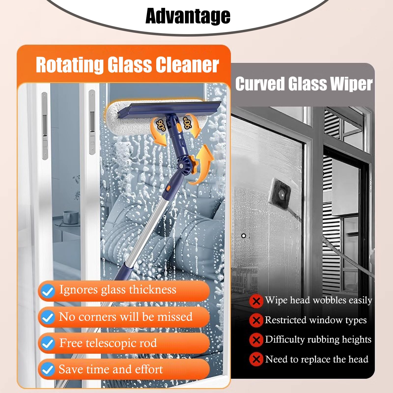 Limpiacristales Limpiador de Ventana Limpieza 47 "y 59" Escobilla De Limpieza De Ventanas Para El Hogar, Kit Limpieza Cristales Doble Cara Para Desempolvar Mesa Ático, Pértiga Pivotante 360° Limpiar V