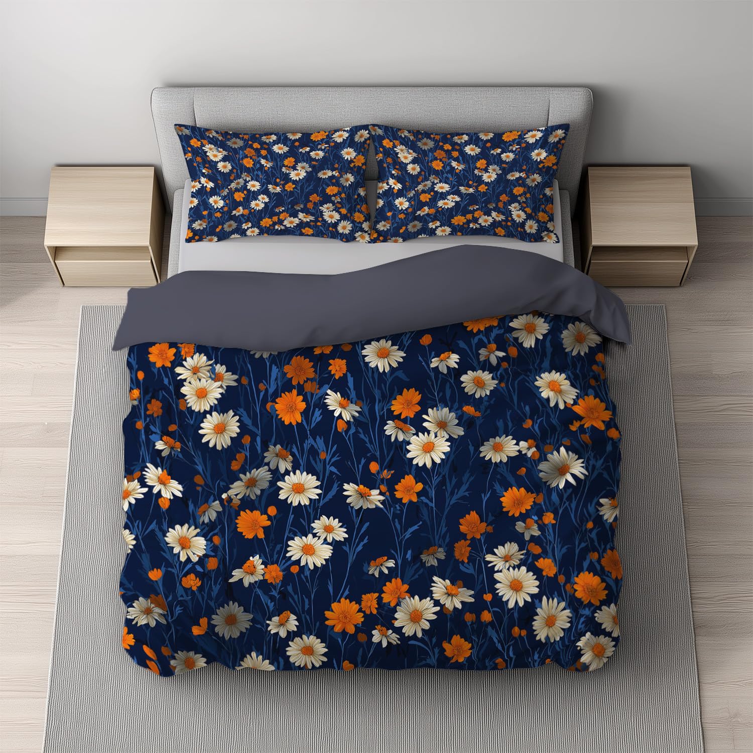 Parure de lit 240x260 cm motif marguerite orange avec housse de couette