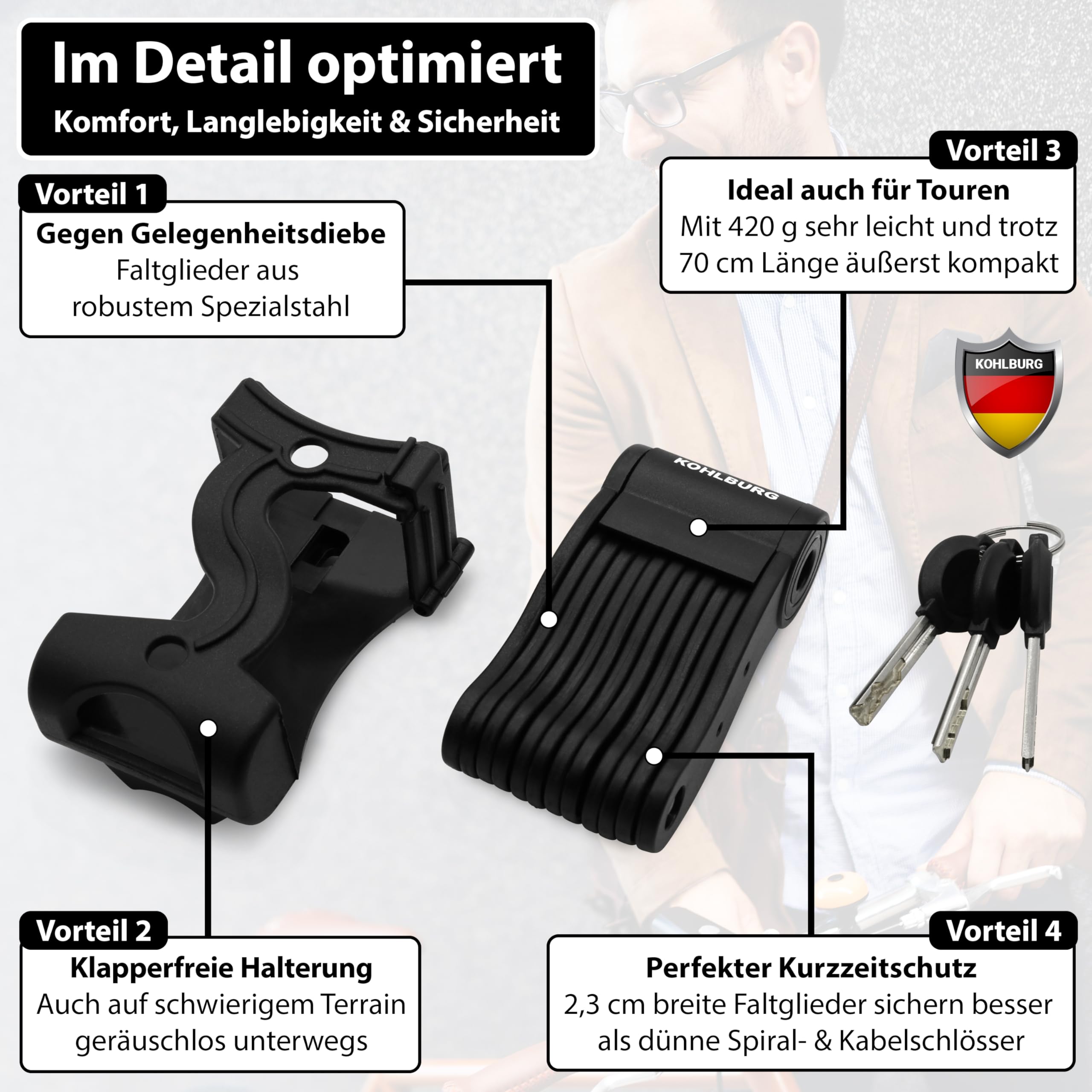 KOHLBURG 420g leichtes Fahrradschloss mit Halterung für lange Touren - Kurz-Zeit-Schutz Faltschloss - Gliederschloss 70cm lang für Fahrrad E-Bike & Rennrad Schloss - Mini Fahrradschloss leicht & klein