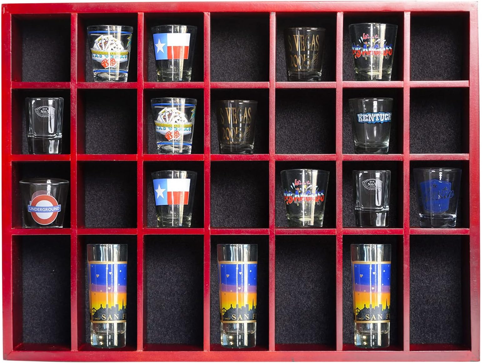 Shot Glass Display Case 18”x13” Solid Wood Wall Mounted Collection Cabinet 28 Slots Small Curio Cabinet Rack (No Door)