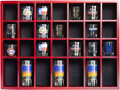 Miniatura 10 de ARRAWIS Vitrina de cristal de chupito negro de 18 x 13 pulgadas colección de armario de madera maciza montada en la pared 28 ranuras estante pequeño