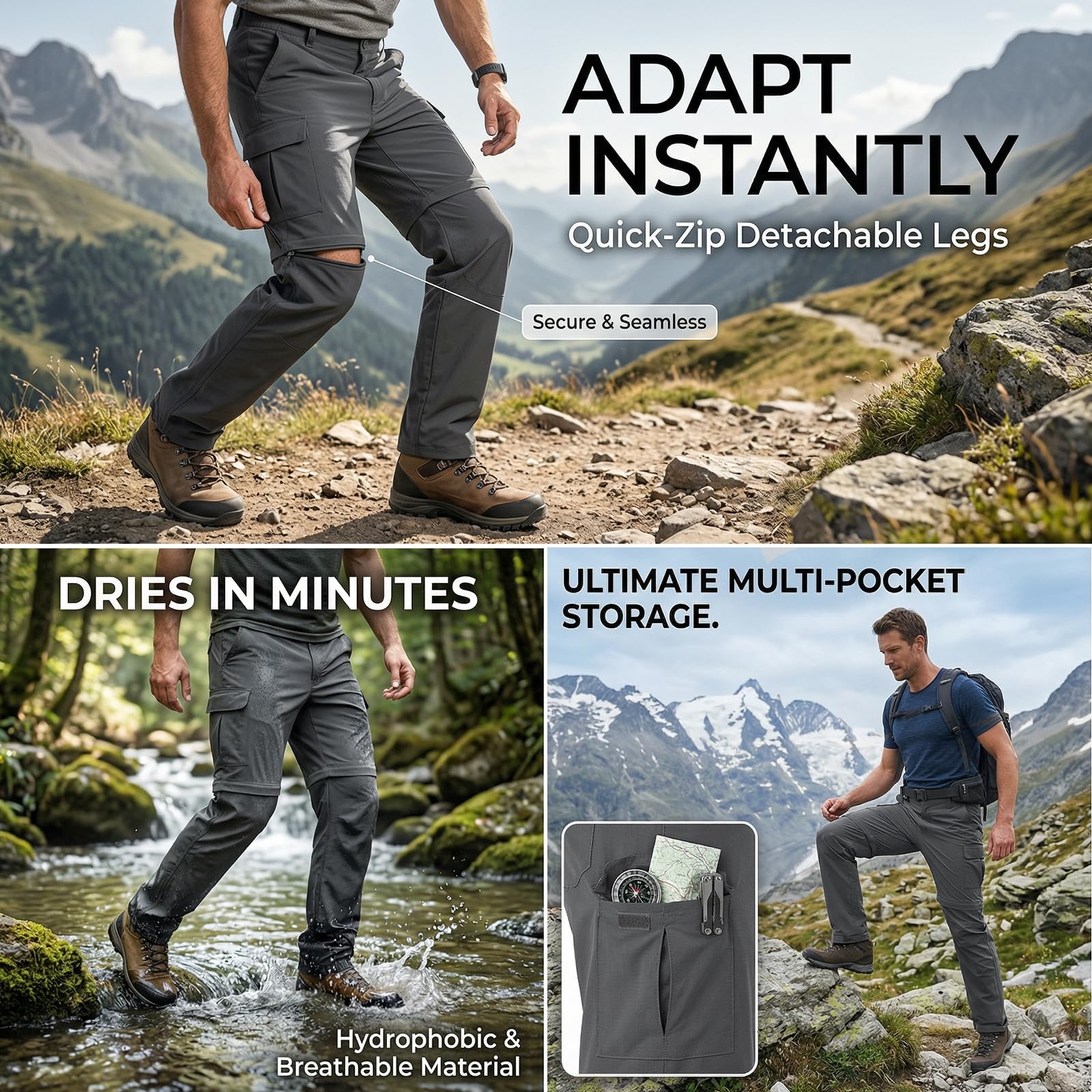 Uomini Pantaloni da Escursione Pantaloni da Camminare Stretch a Secco rapido Convertibili in Pantaloni Corti Pantaloni Leggeri da carico