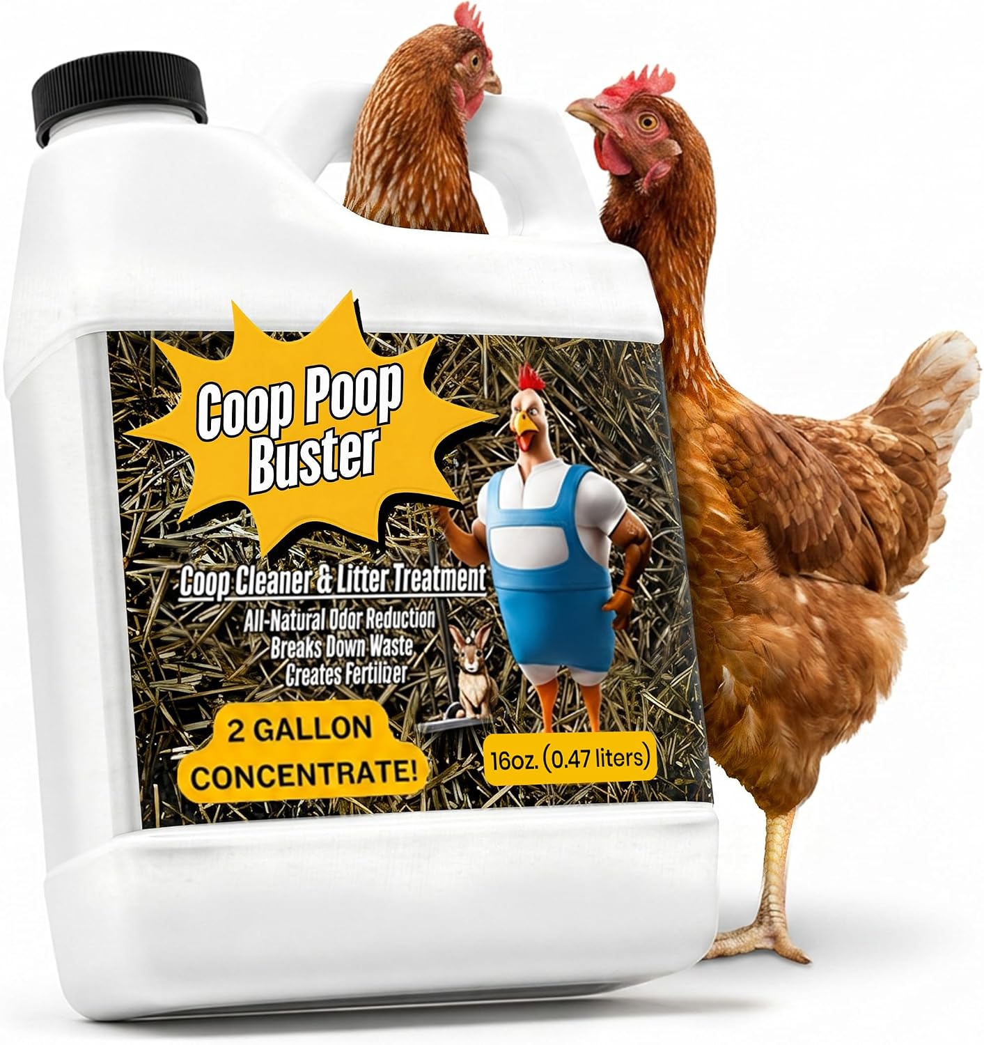 Coop Poop Buster - Chicken Coop Cleaner & Ammonia Odor Eliminator | Deodorizer Spray for Coops, Nesting Boxes, Chickens & Ducks | 16 oz Concentrate Makes 2 Gallons (2,000+ Sq Ft) | Natural & Safe