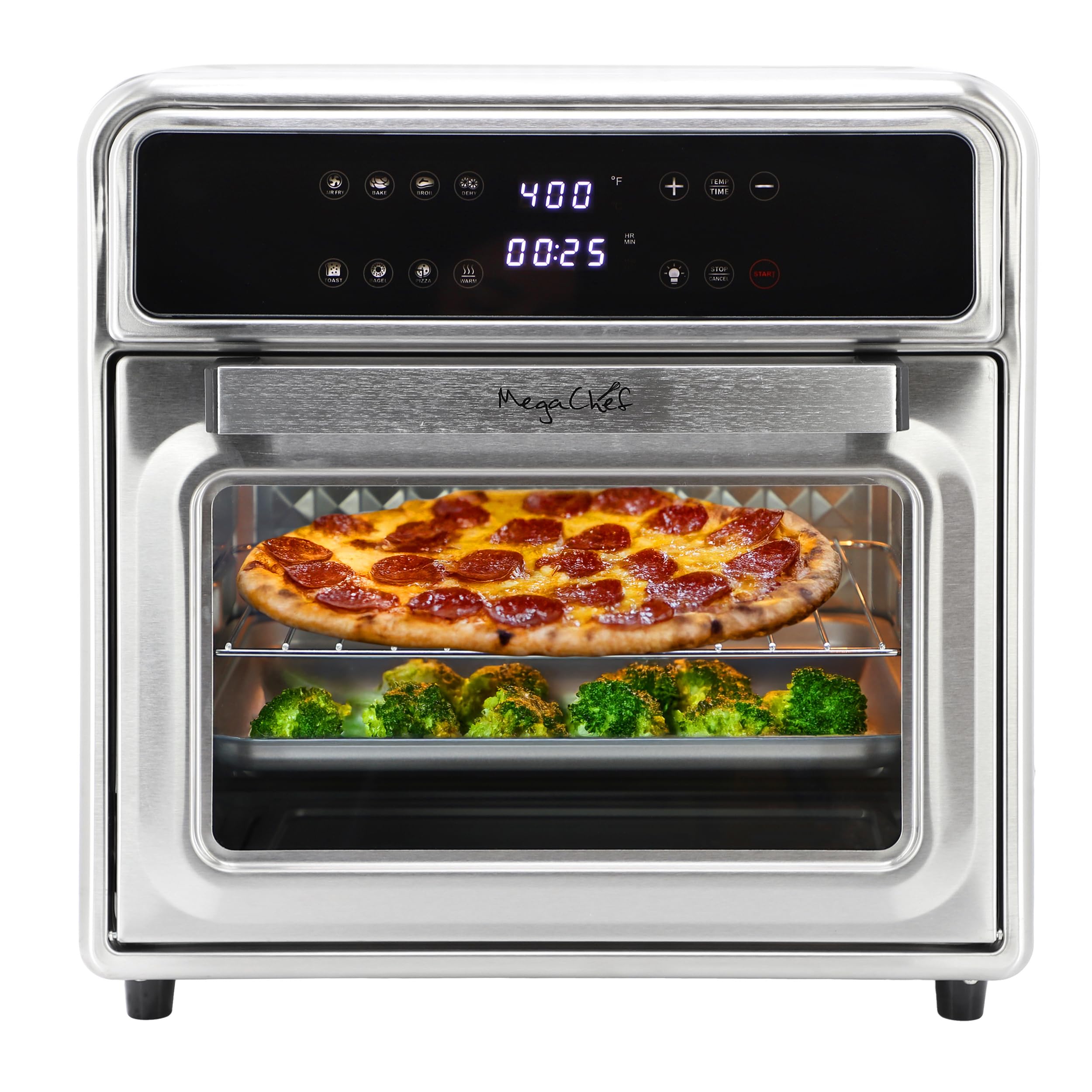 MegaChef oven digital control panel showing temperature and timer settings